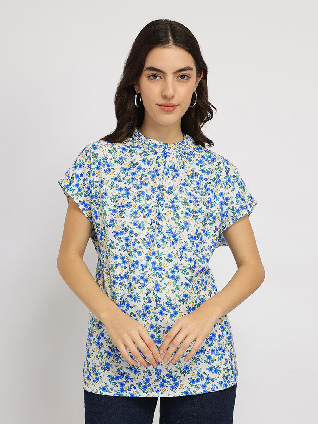 FableStreet Floral Drop Shoulder Top - Blue