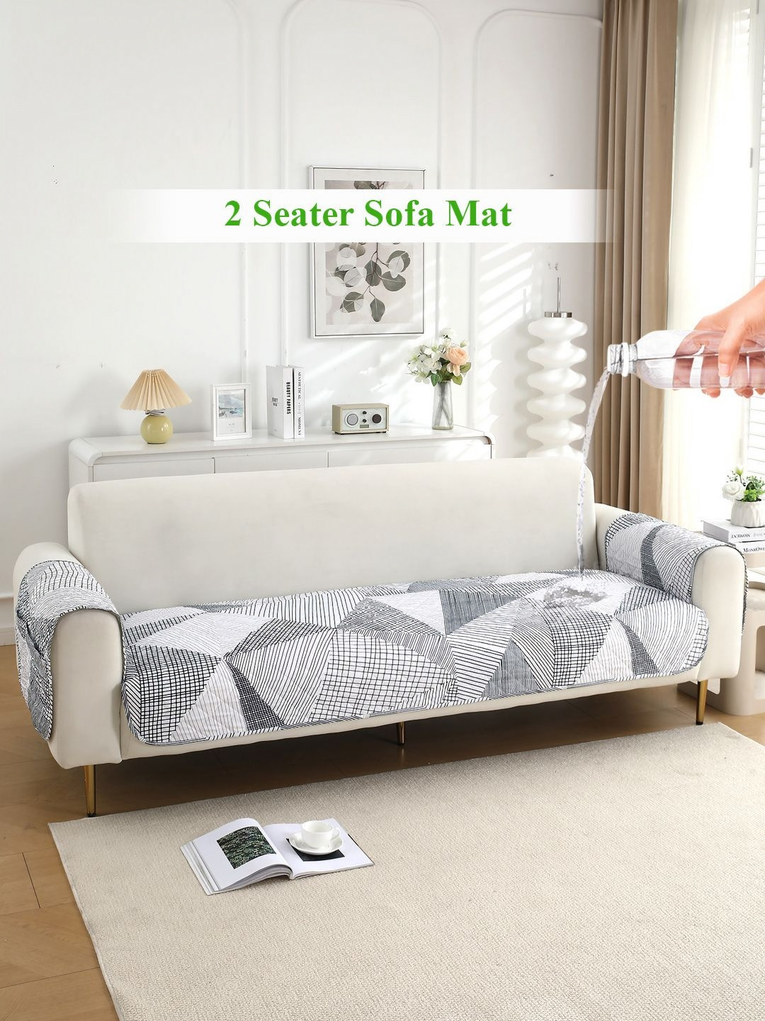 HOKIPO White & Grey Printed Waterproof 2 Seater Sofa Cover & 2 Armrest Covers With Pockets