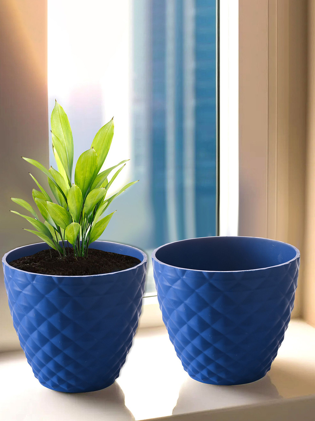 Kuber Industries Blue 2 Pieces Diamond Textured Round Planters