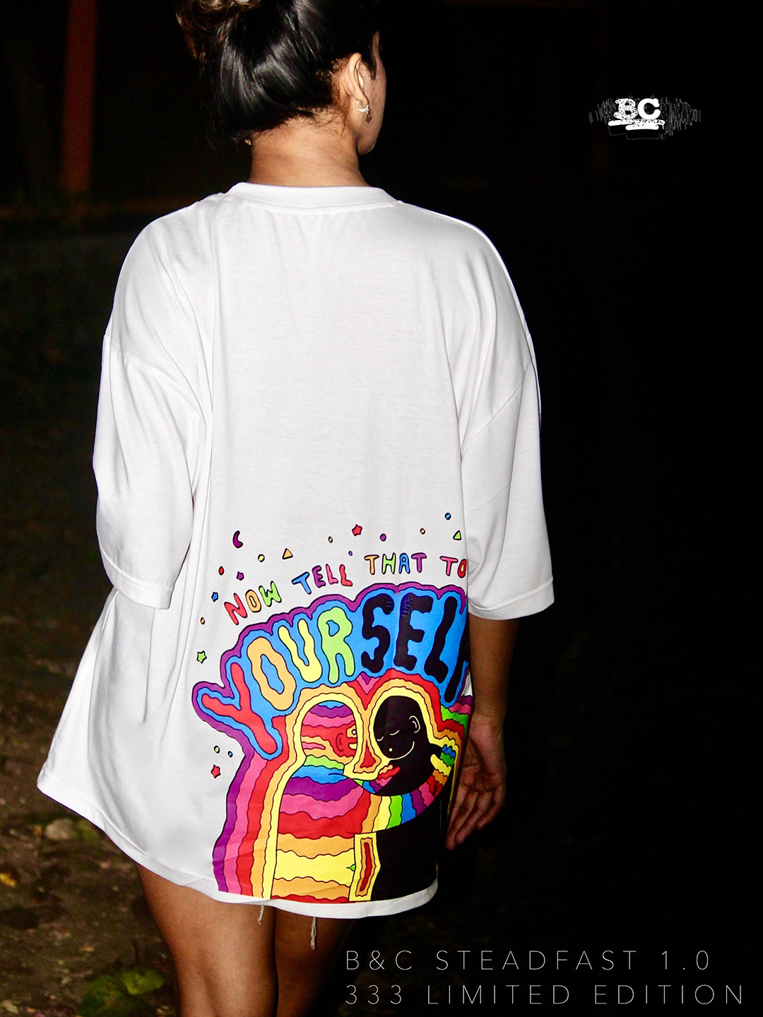 BANGS AND CRACKLES Women Dual Fusion Graphic Printed Round Neck Cotton Oversized T-shirt