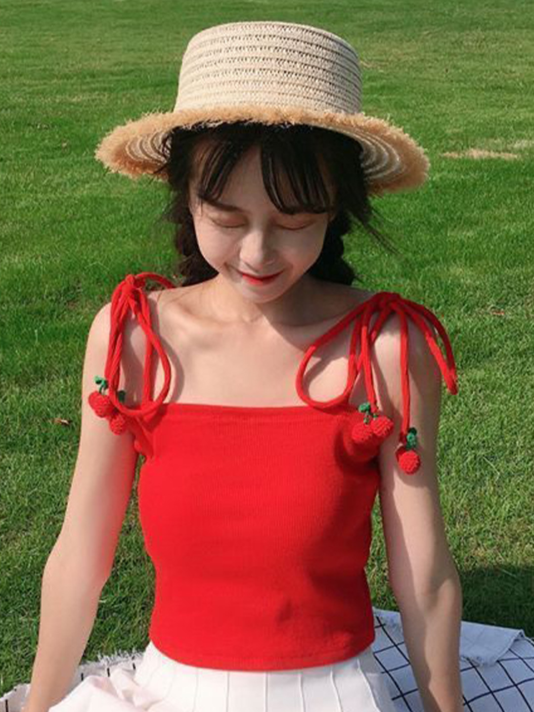 MADE FOR HER LABEL Cherry Knitted Red Shoulder Knotting Top For Women