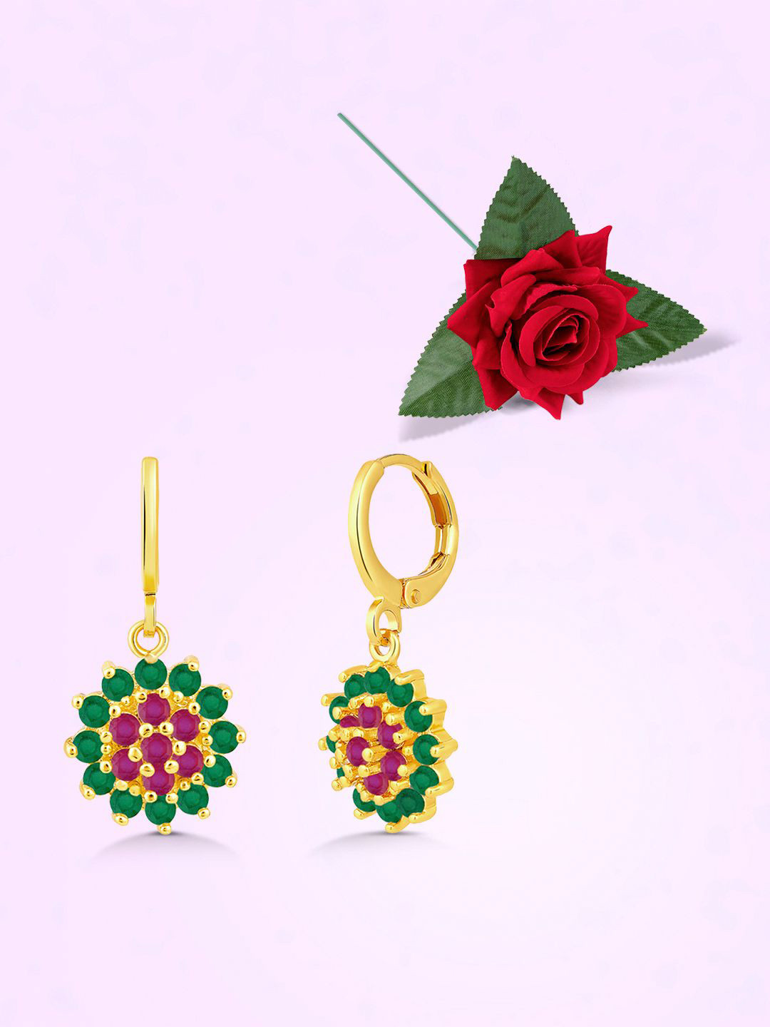 Peora Gold-Plated Cubic Zirconia Stone Studded Contemporary Drop Earrings With One Rose