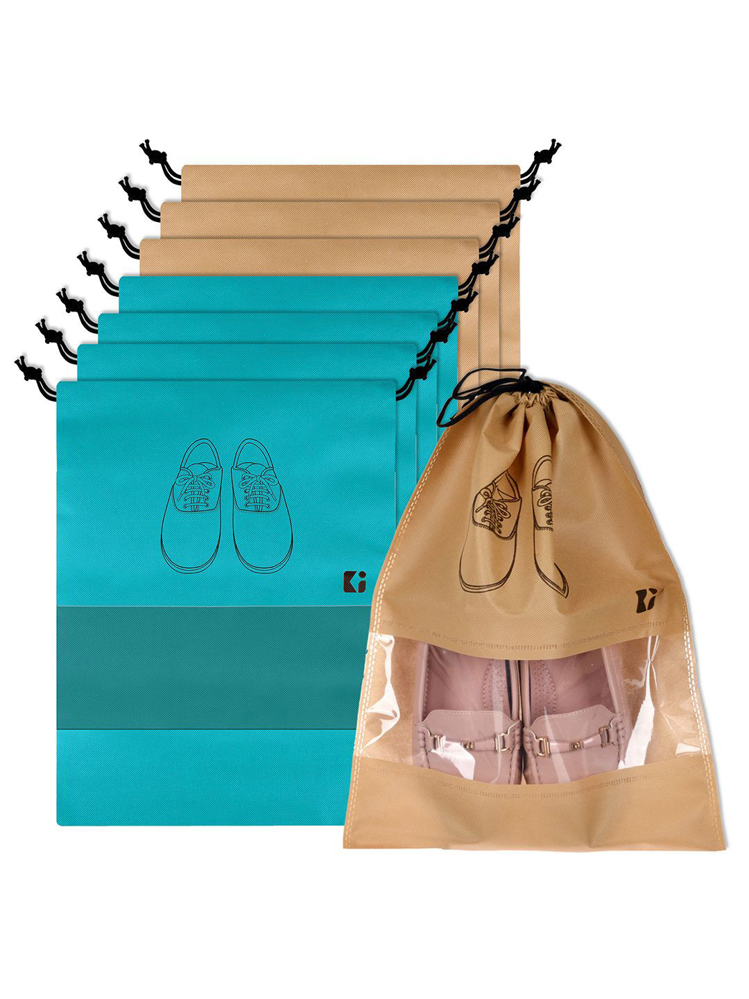 Kuber Industries Green and Beige 8 Pieces Printed Travel Shoe Storage Bag Organisers