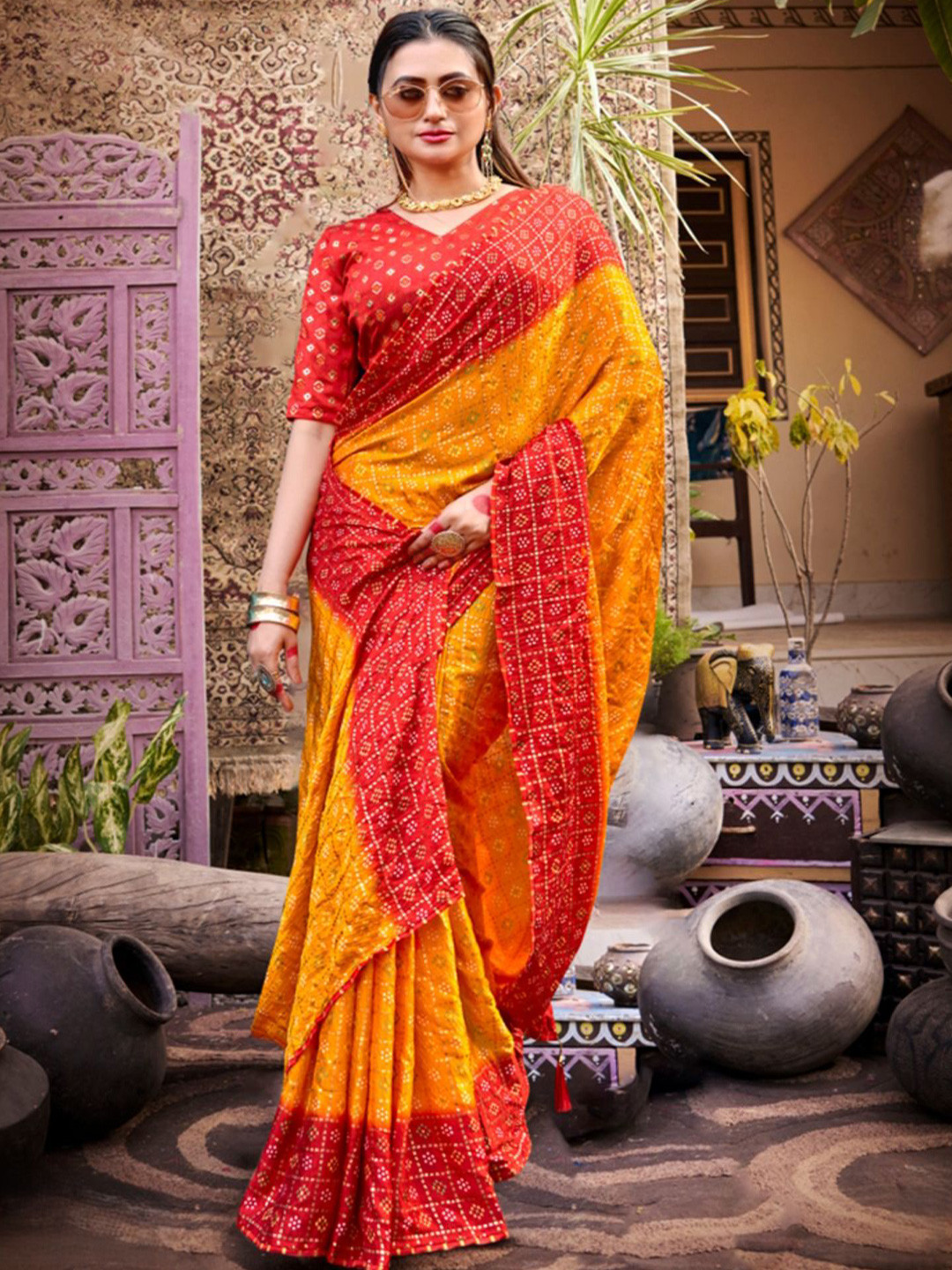 SHOPPKEE Bandhani Poly Chiffon Designer Banarasi Saree
