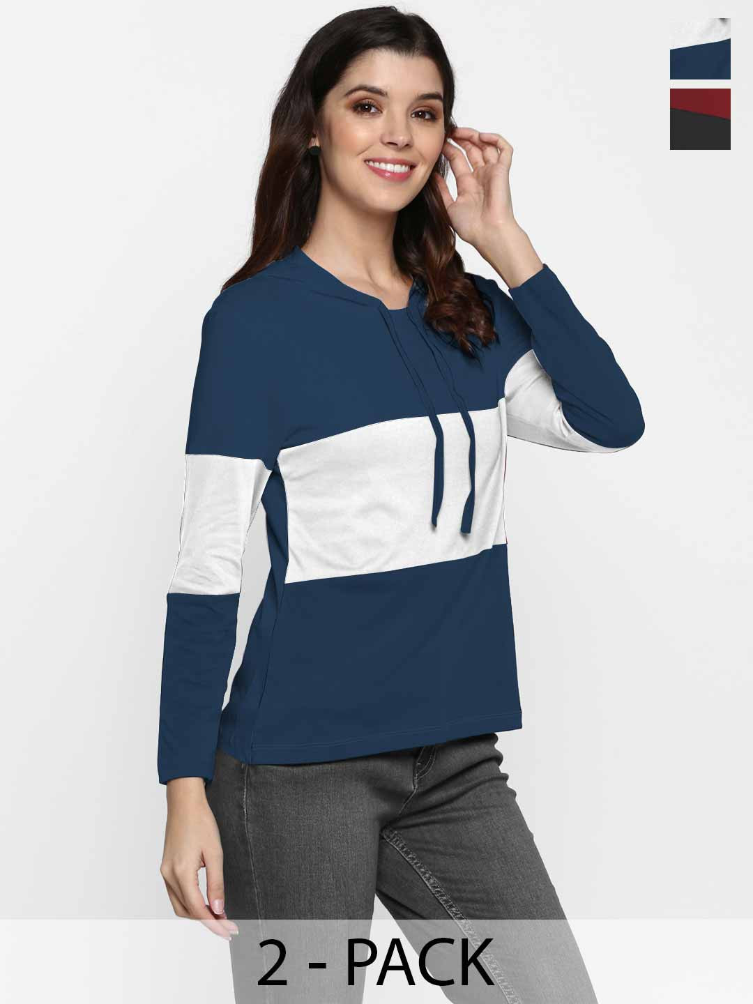 Moda Rapido Women Pack Of 2 Colourblocked Hood Cotton T-shirts