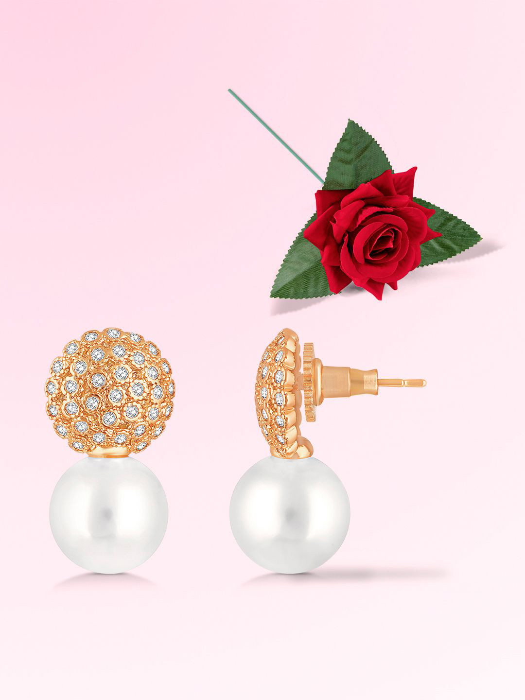 Peora Gold-Plated CZ Studded & Pearls Beaded Circular Drop Earrings With Red Rose Box