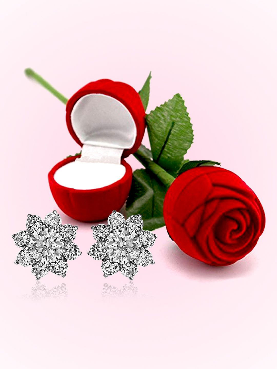 Peora Silver-Plated CZ Studded Floral Shaped Studs With Red Rose Box