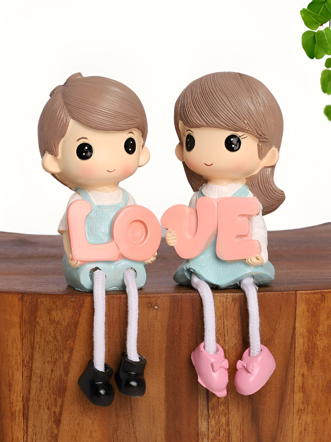 INTERNATIONAL GIFT Couple with Love Sign and Dangling Legs Blue Polyresin Matte Living Room Set of 2 Small Showpieces - 1.8 Inches