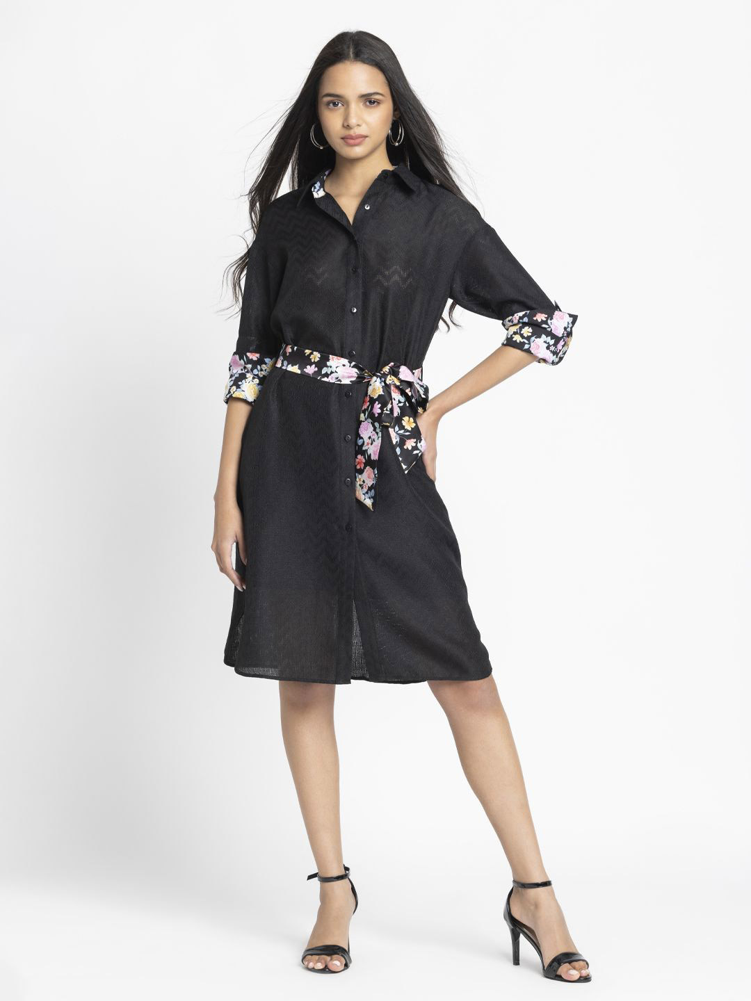 SHAYE Women Black Solid Shirt Collar Full Sleeves Cotton A-Line Dress with Belt