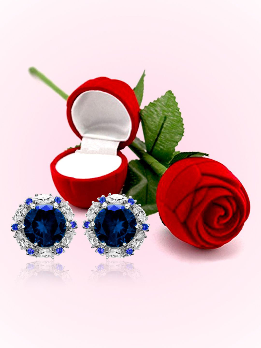 Peora Silver Plated Cubic Zirconia & Crystal Studded Circular Shaped Studs With Red Rose