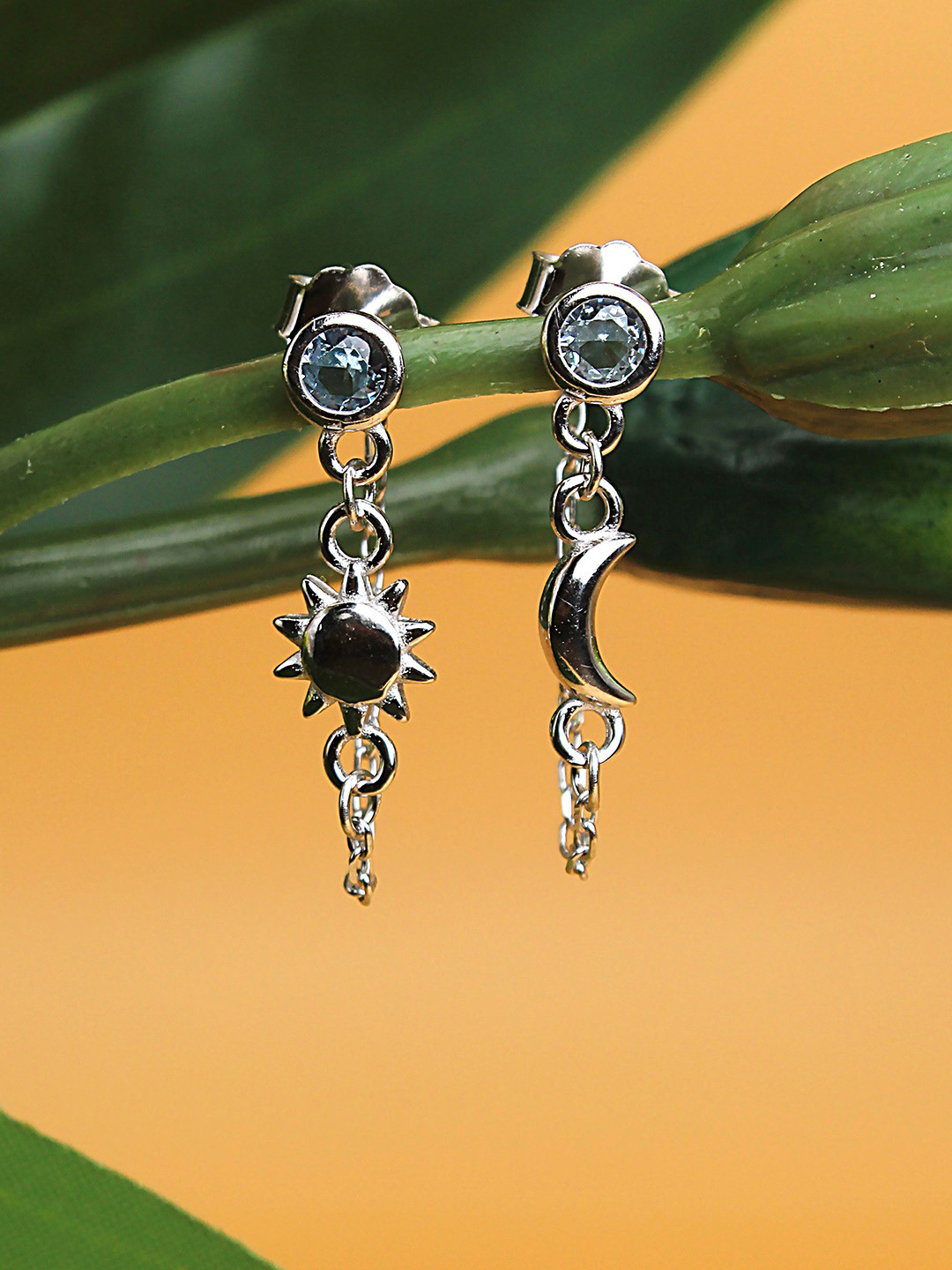 DEVASHREE 925 Silver Aquamarine CZ Studded Moon & Sun Quirky Shaped Drop Earrings