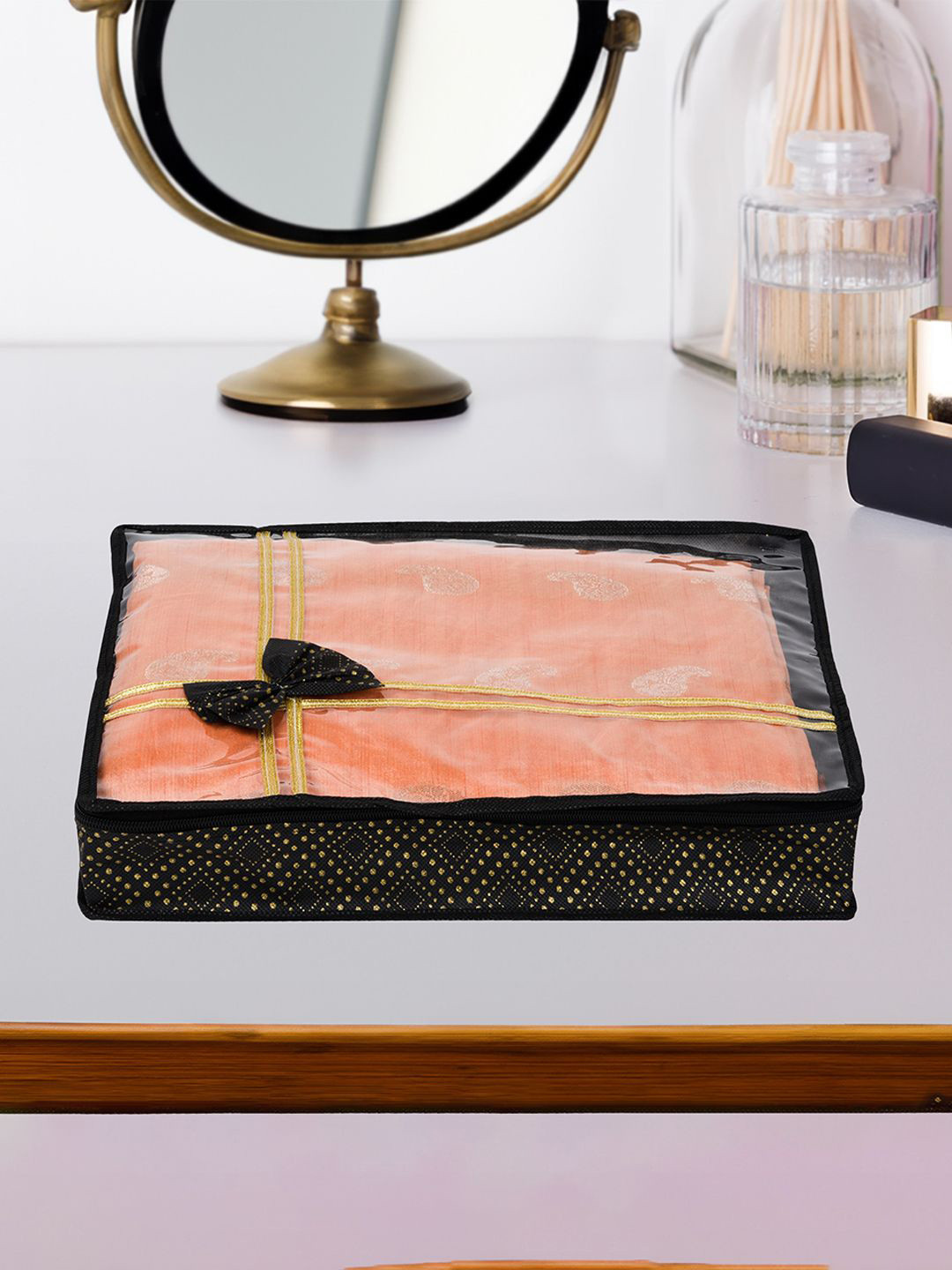 Kuber Industries Black Pack of 3 Dot-Printed Top Visible Window Multi-Utility Organisers