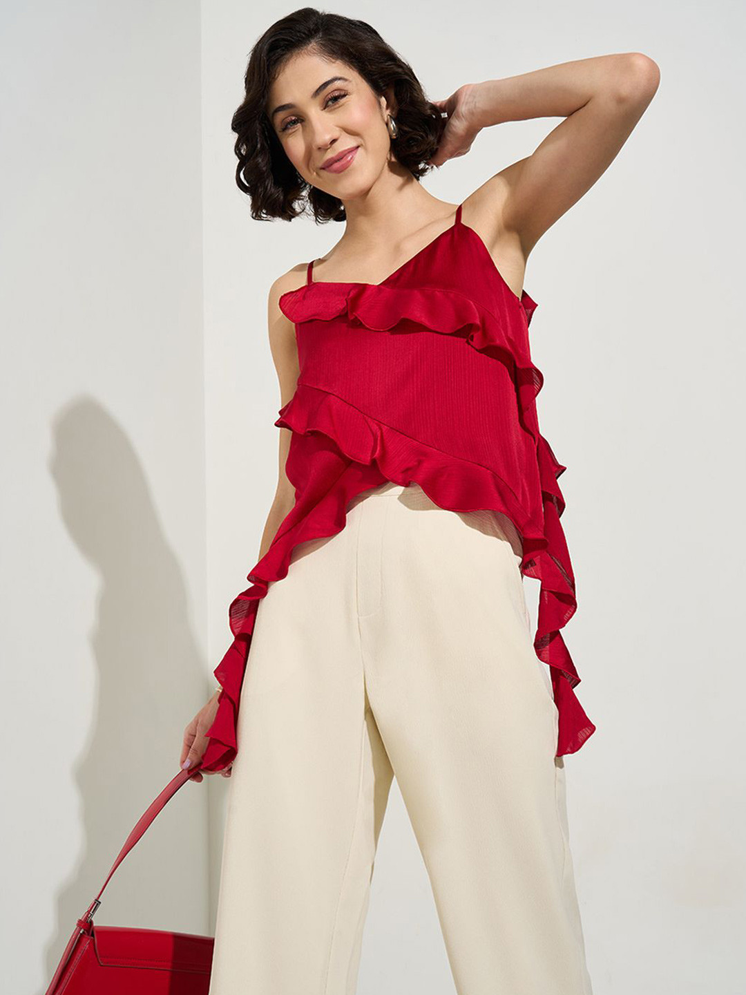 Honey by Pantaloons Women Solid Asymentric Hem Top With Ruffles