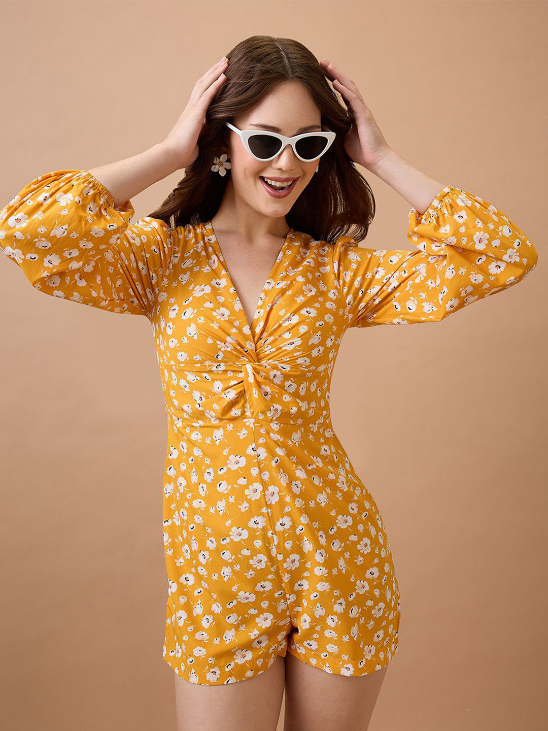 Globus V-Neck Floral Print Twisted Bishop Sleeve Playsuit