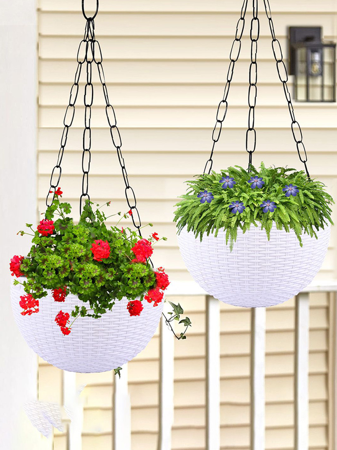 Kuber Industries White 2 Pieces Textured Round Plain Euro Hanging Planters