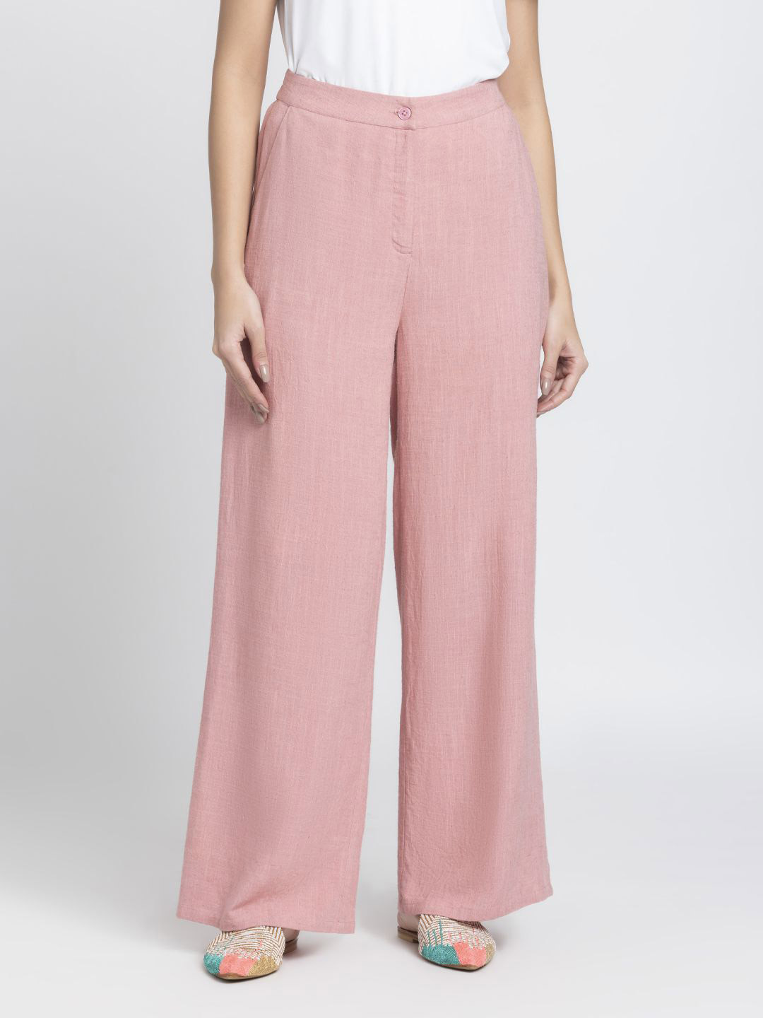 SHAYE Pink High-Rise Solid Wide Leg Casual Trousers For Women