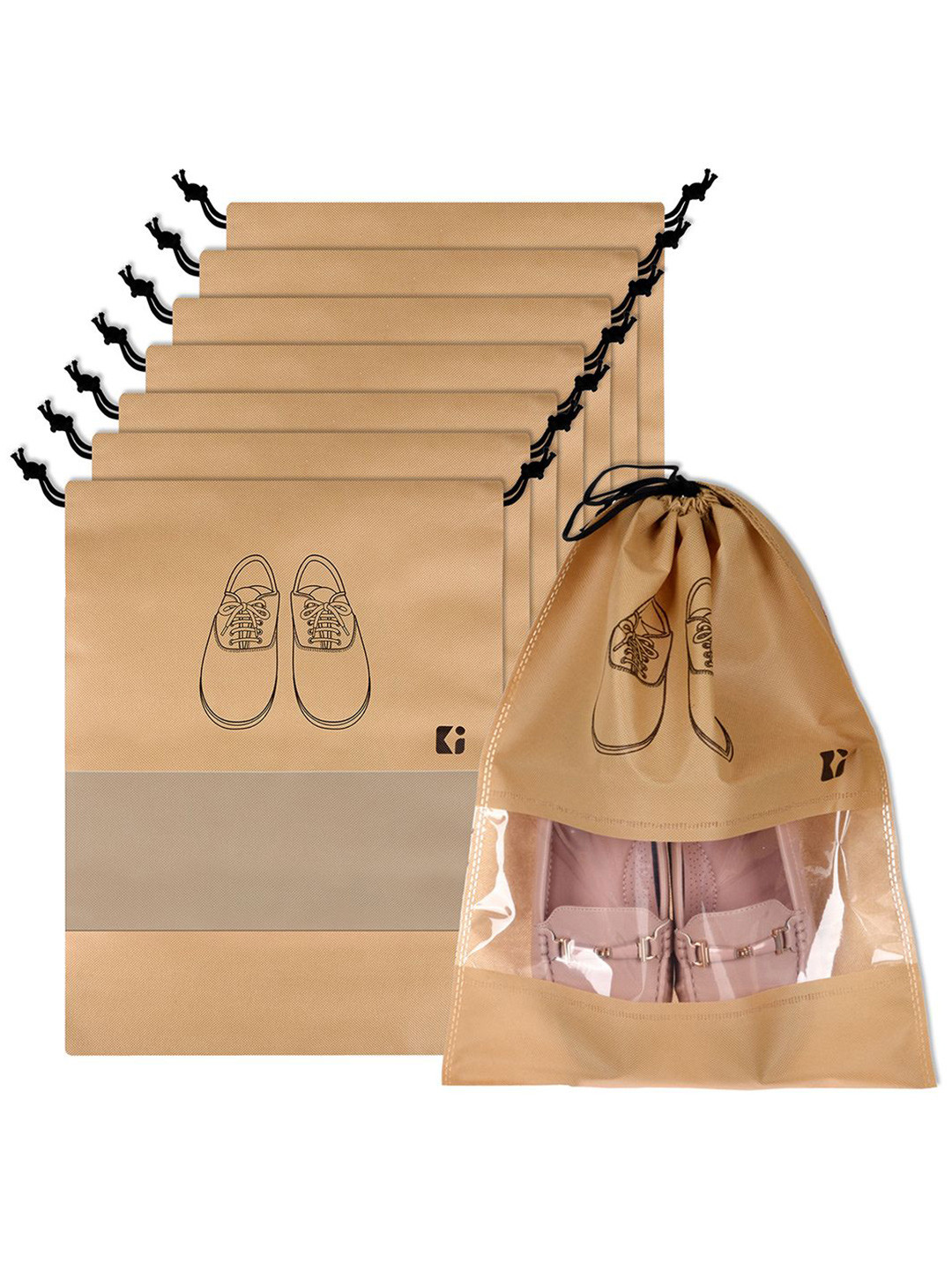 Kuber Industries Beige and Black 8 Pieces Printed Shoe Cover Bags