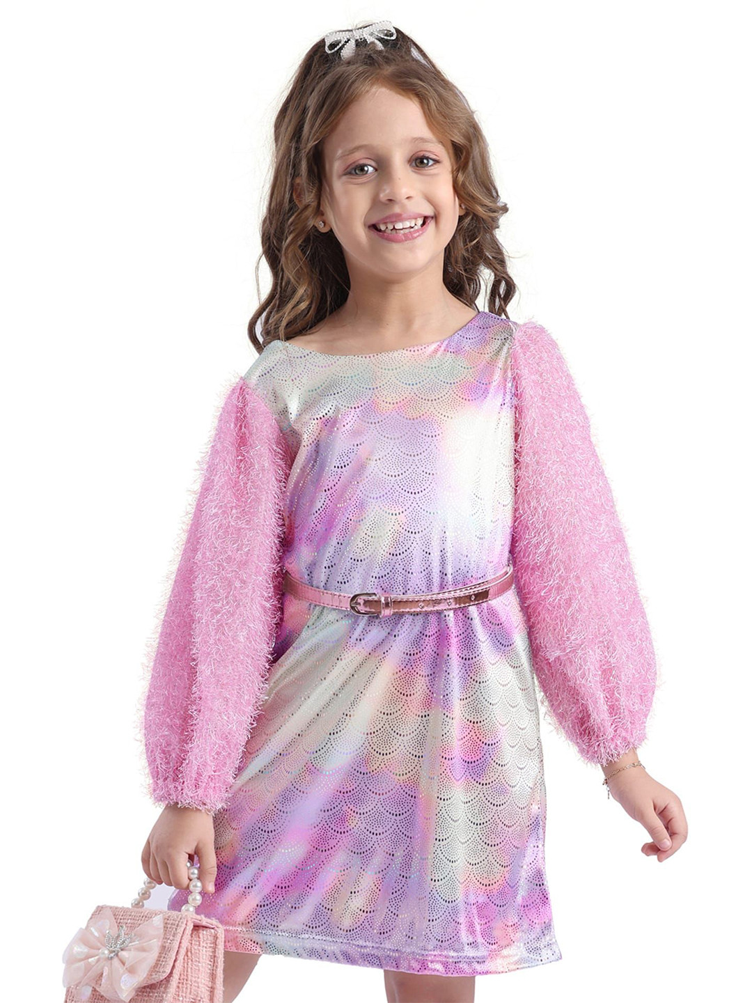 Hola Bonita Girls Self Design Frills Puff Sleeve Fit & Flare Dress