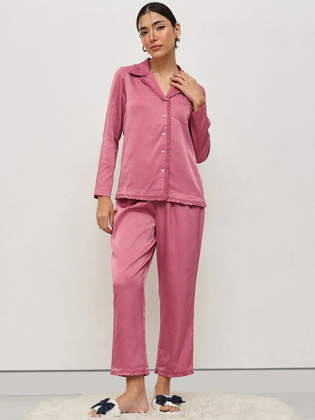 HOUSE OF S Lapel Collar Satin Shirt With Pyjamas