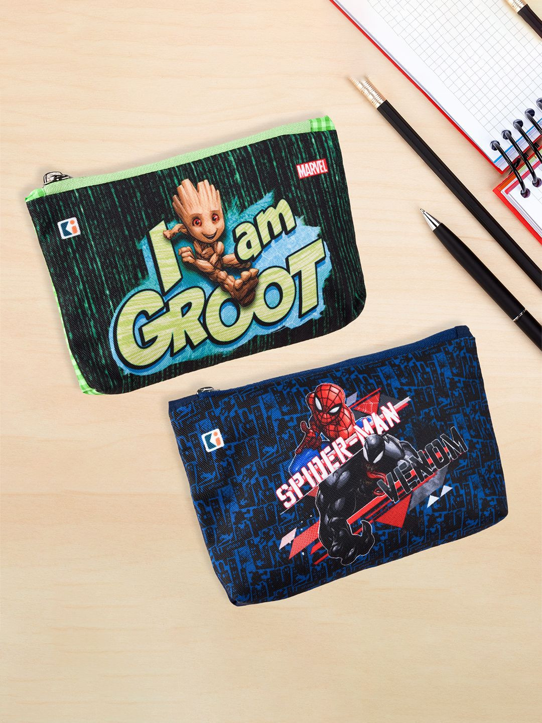 Kuber Industries Green & Navy Blue Pack of 2 Marvel Pencil Pouch for Kids with Zipper