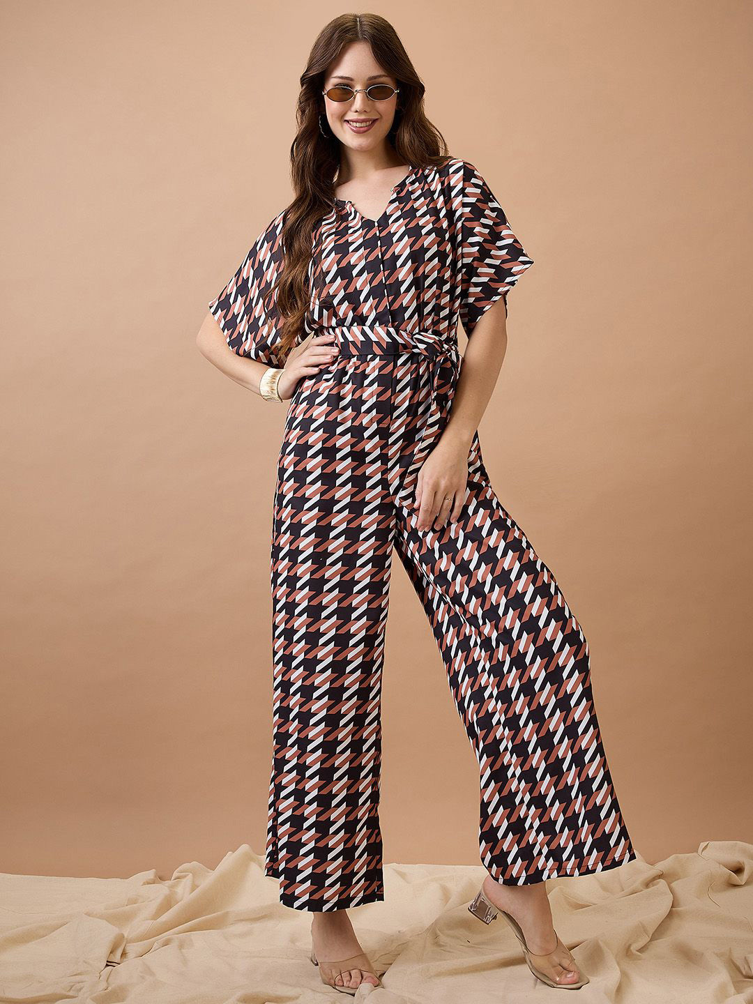 Globus Abstract Print Round Neck with V Cut Kimono Sleeves Waist Tie-Up Longline Jumpsuit