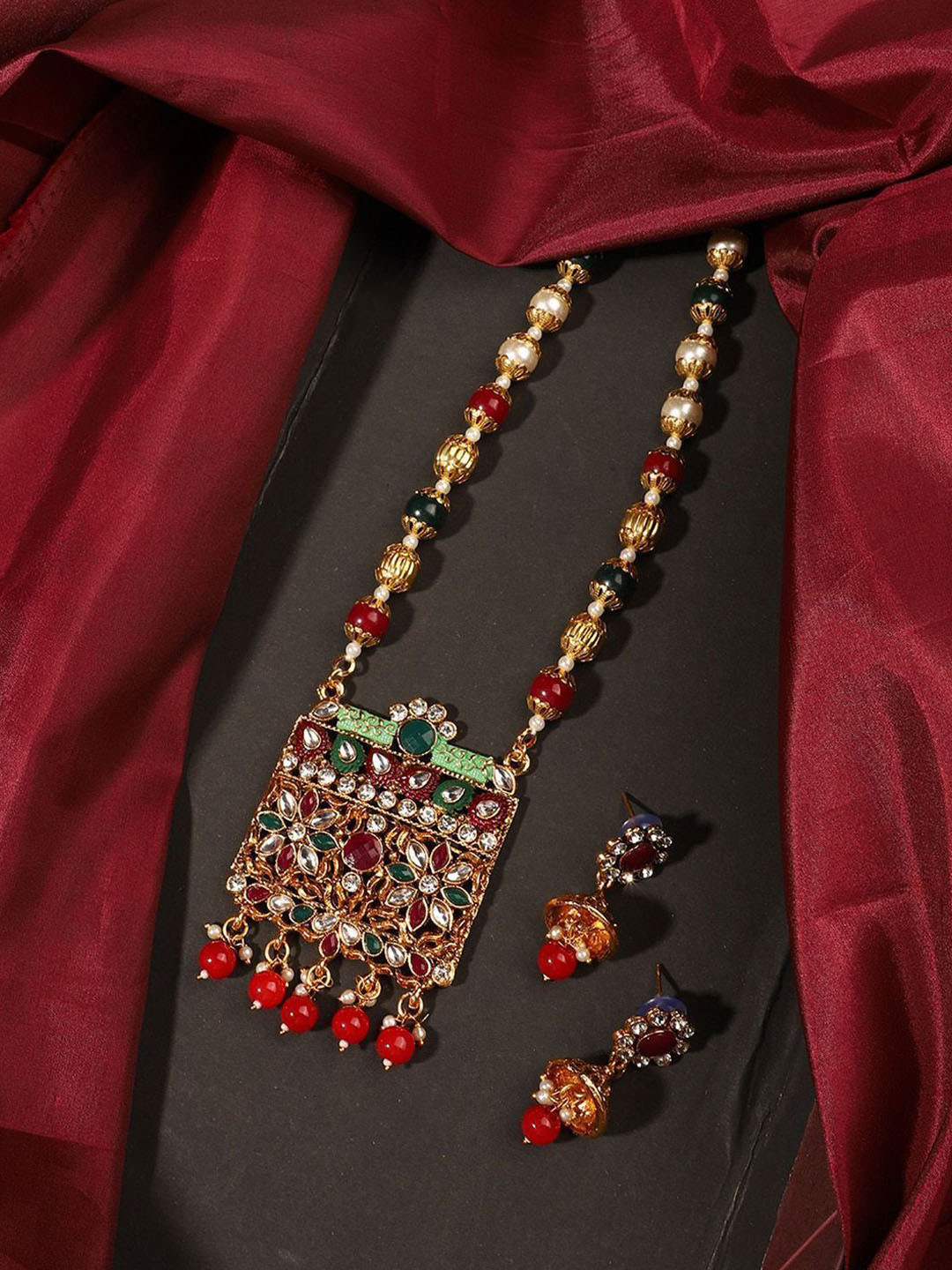 Anouk Red Gold-Plate Crystals Stones Studded And Kundan Beaded Jewellery Set