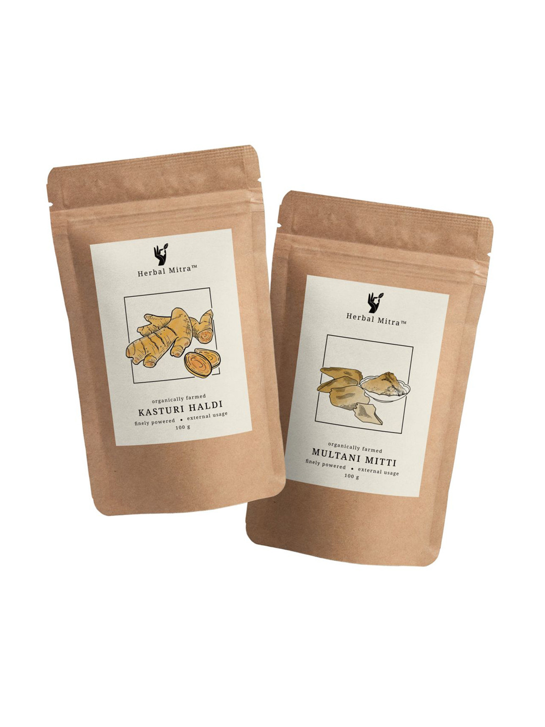 Herbal Mitra Set Of 2 Natural & Pure Kasturi Haldi & Multani Mitti Powder - 100g Each
