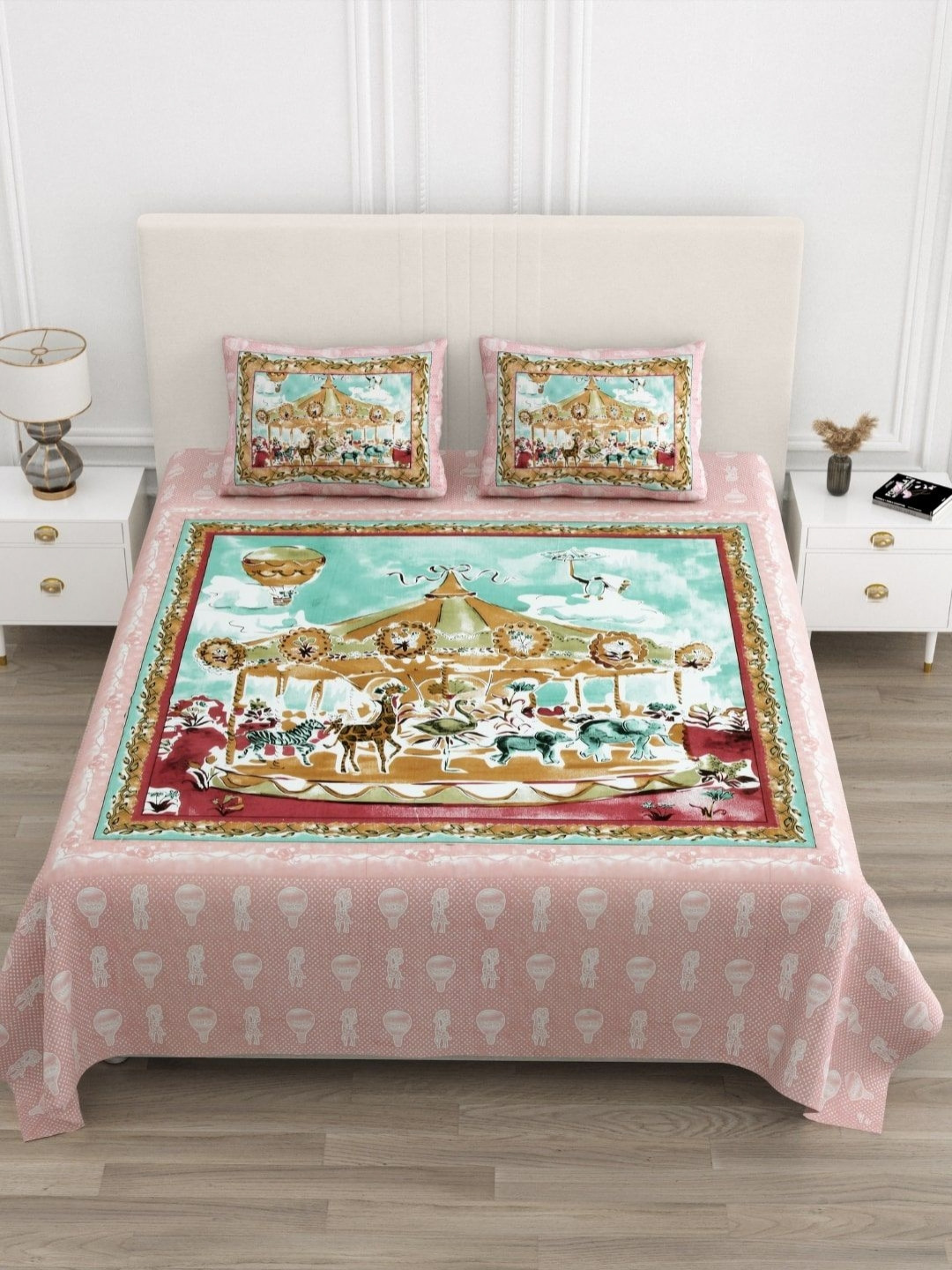 BED-SHEET.COM Circus Peach Conversational Cotton 210 TC King Superfine Bedsheet with 2 Pillow Covers-108 x 100 inches