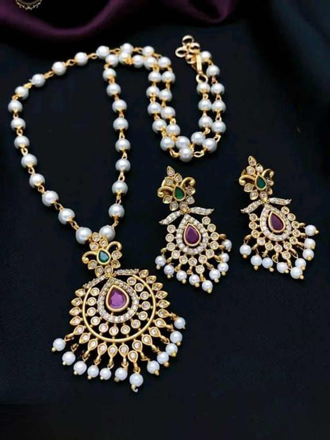 Rujve Jewellery Gold Plated Cubic Zirconia Studded & Beaded Traditional Jewellery Set