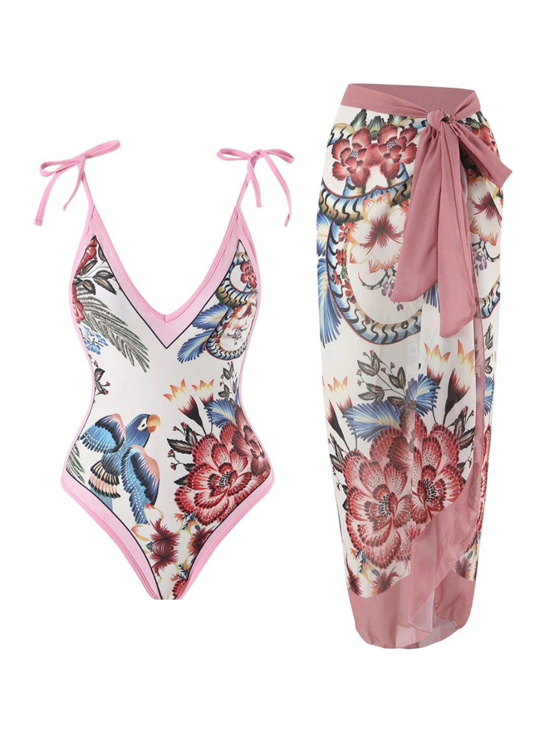 Miss Mosa By Akanksha  Pink Jerry Blush Printed Swimsuit With Sarong Skirt Cover up Set
