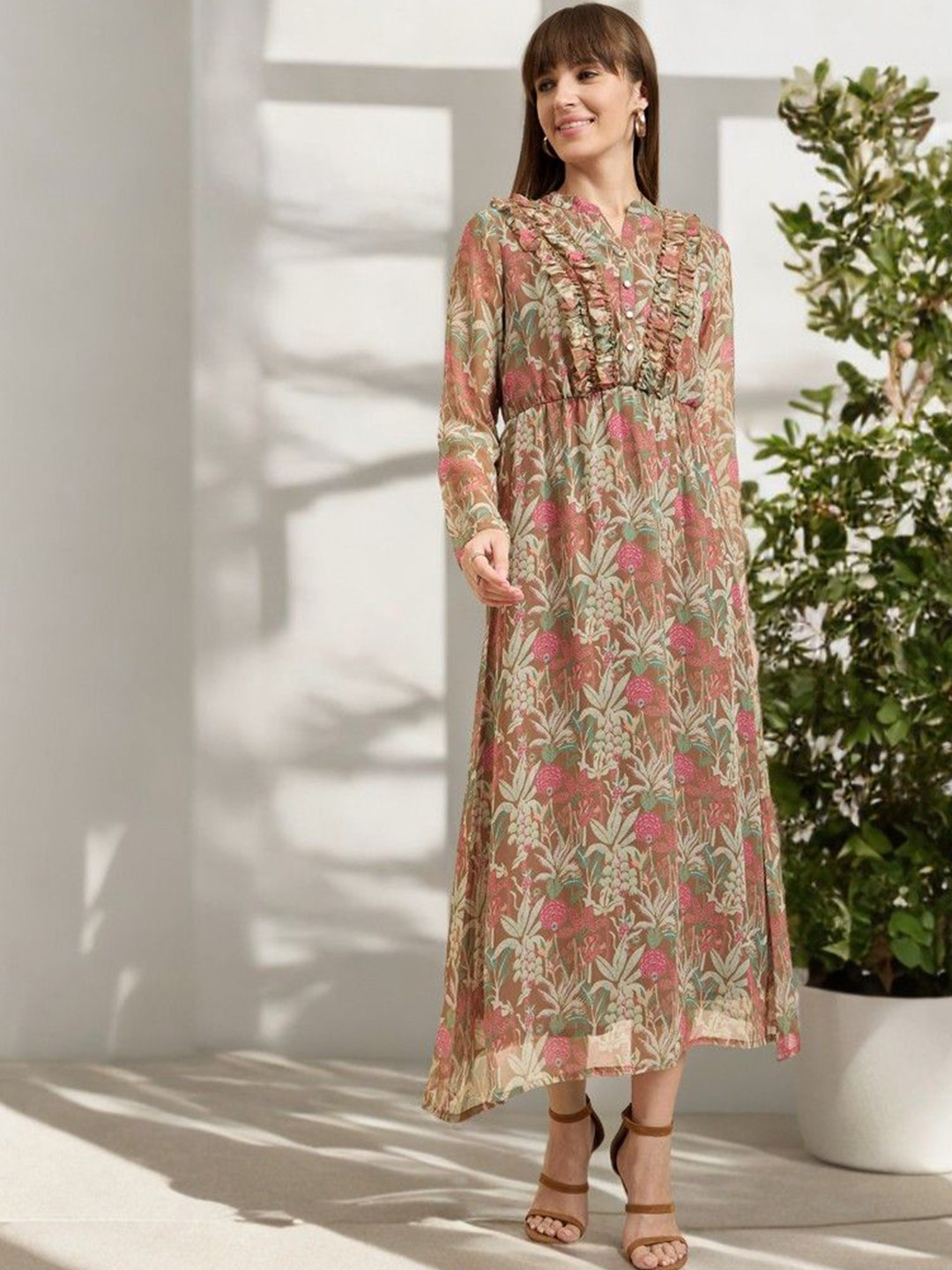 ANJIR Floral Print Cowl Neck Ruffled Maxi Dress