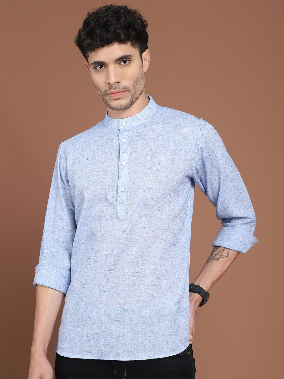 Anouk Blue Linen Mandarina Collar Dobby  Short Kurta