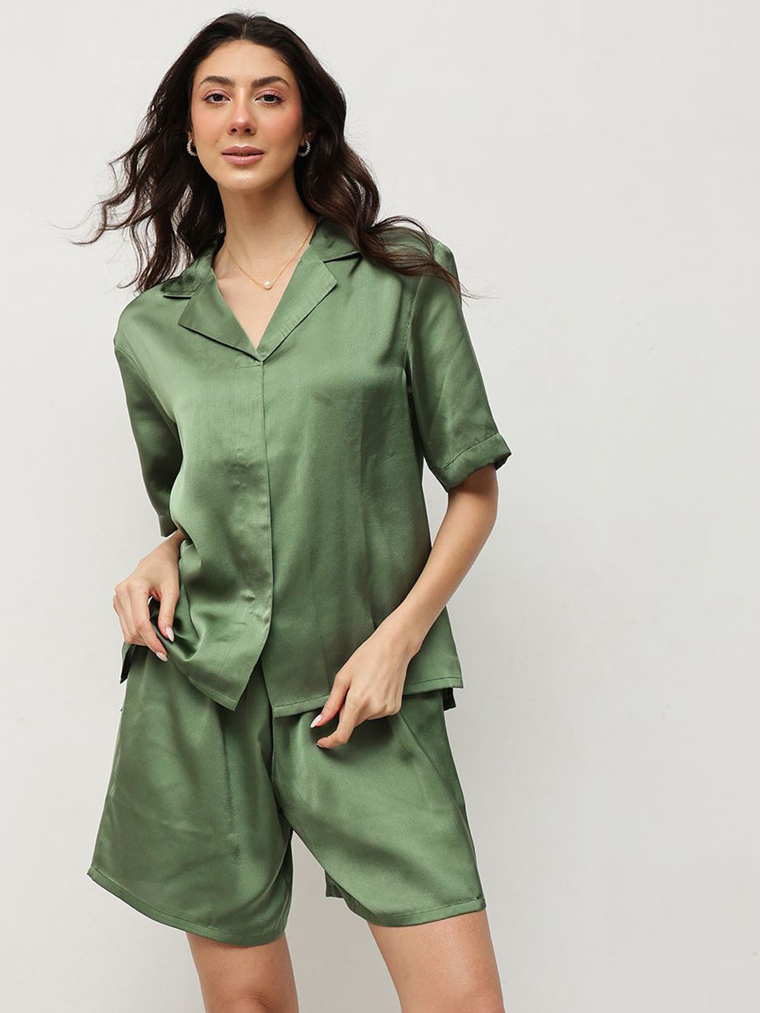 HOUSE OF S Lapel Collar Satin Top & Shorts