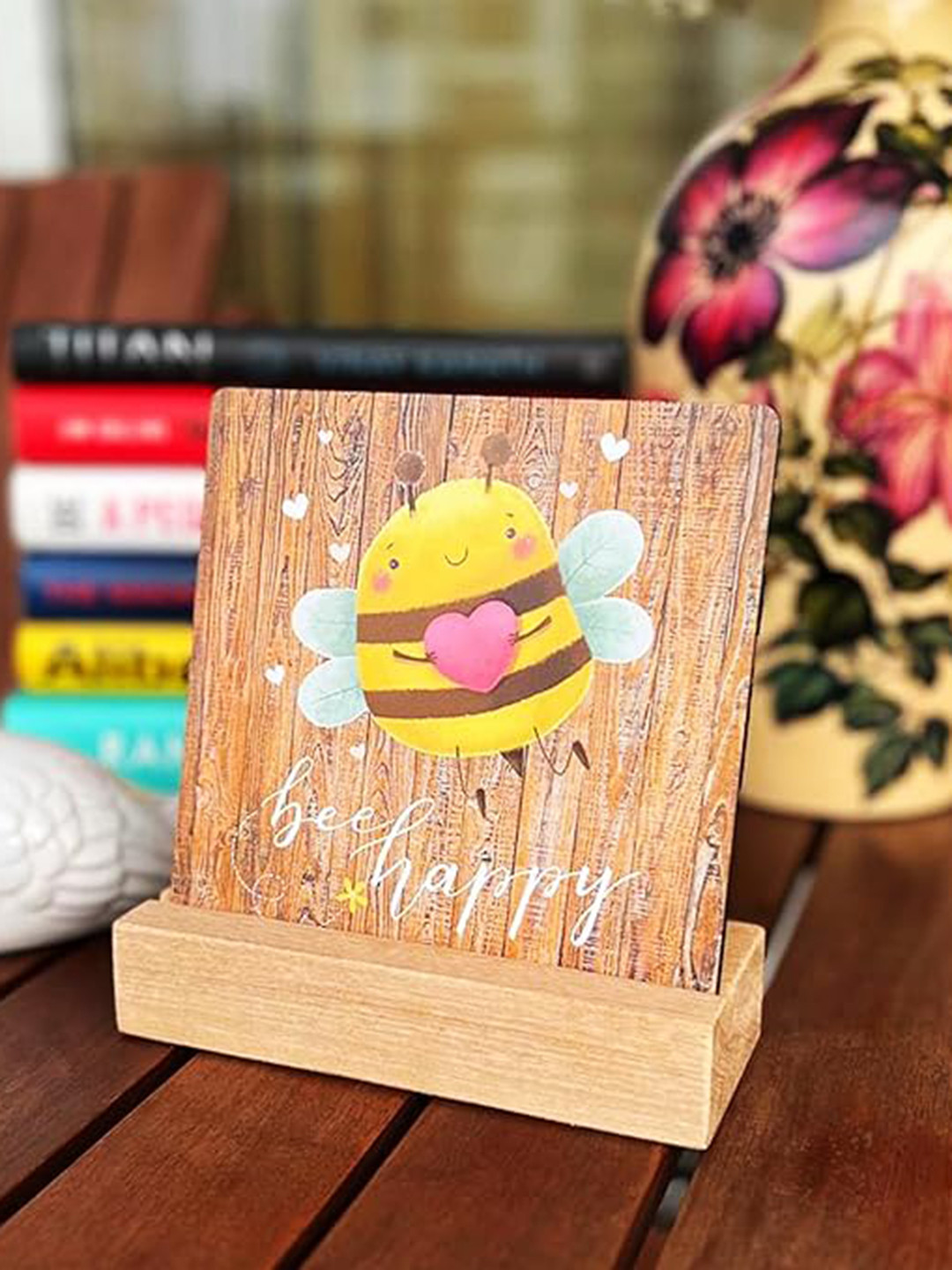 BS AMOR Bee Happy White Wood Natural Living Room Set of 2 Small Showpieces - 2 Inches