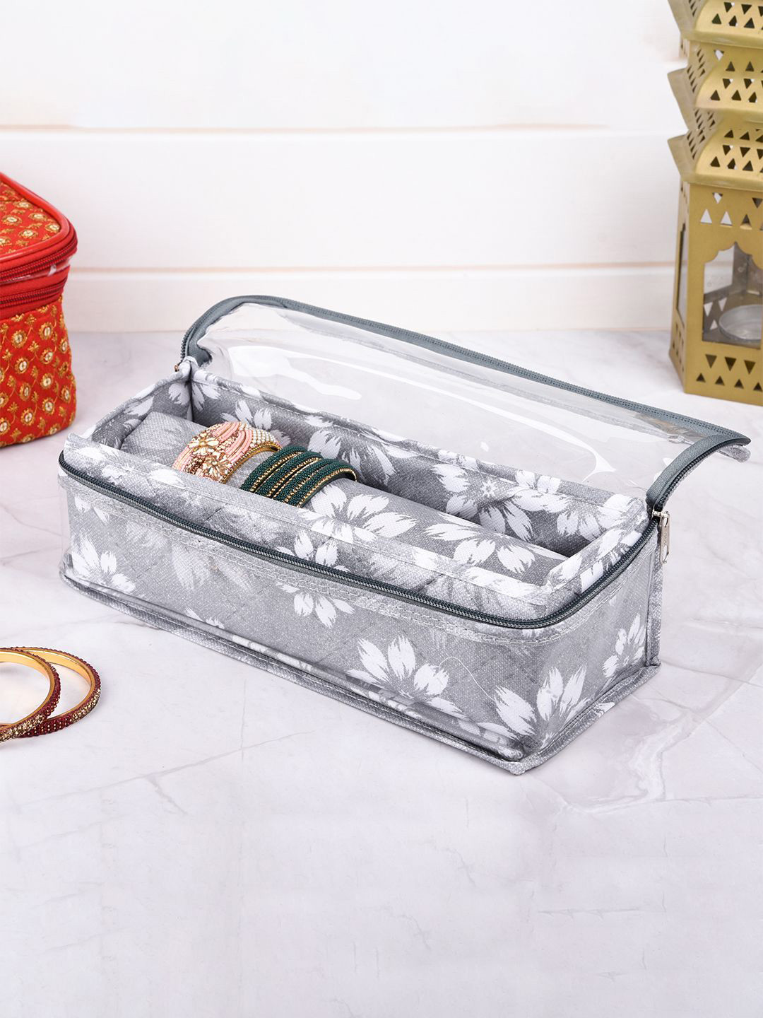 Kuber Industries Grey Floral Printed Jewellery Bangle Box Organiser