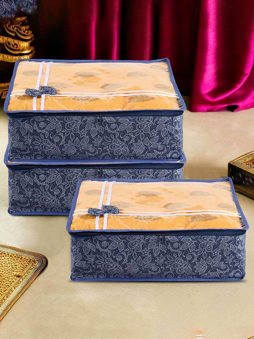 Kuber Industries Blue Pack of 3 Bow-Flower Printed Top Window Multi-Utility Organisers