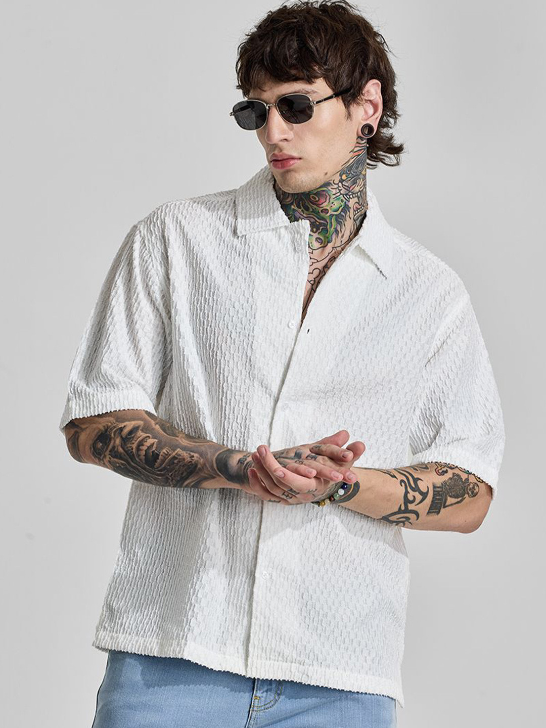 Snitch Self Design Polyester Short Sleeves Oversized Fit Shirt