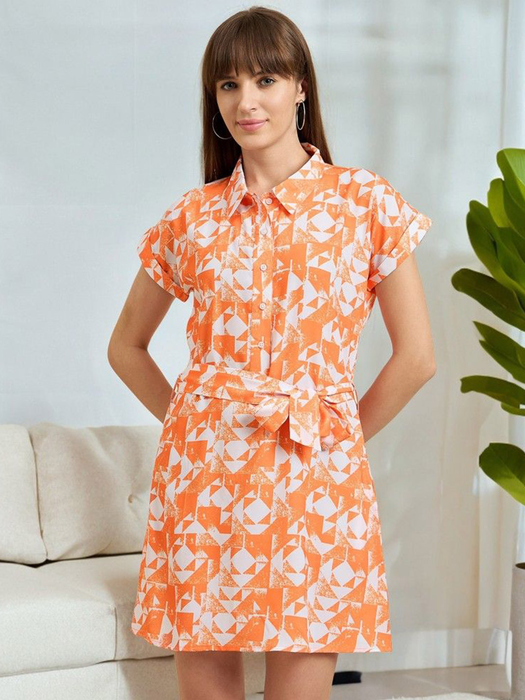 ANJIR Women's Printed Shirt Type Mini Dress