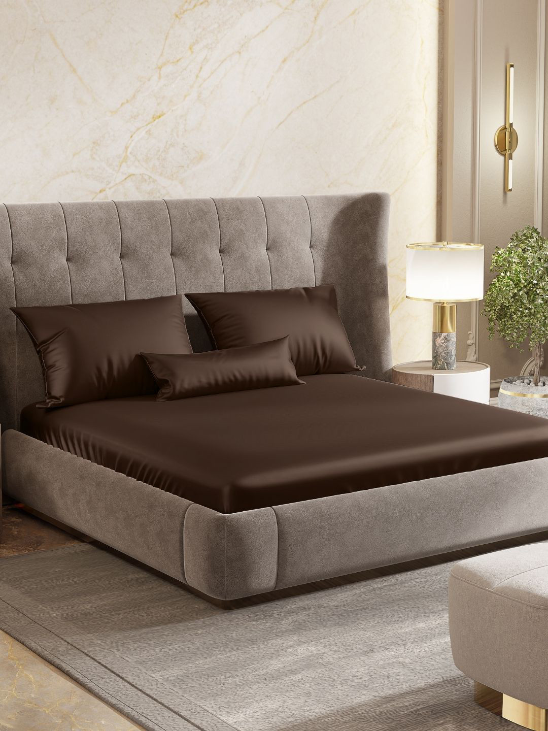 haus & kinder Royale Mocha Brown Solid Poly Satin 300 TC Fitted King Fine Bedsheet with 2 Pillow Covers-182 x 198 x 254 cm