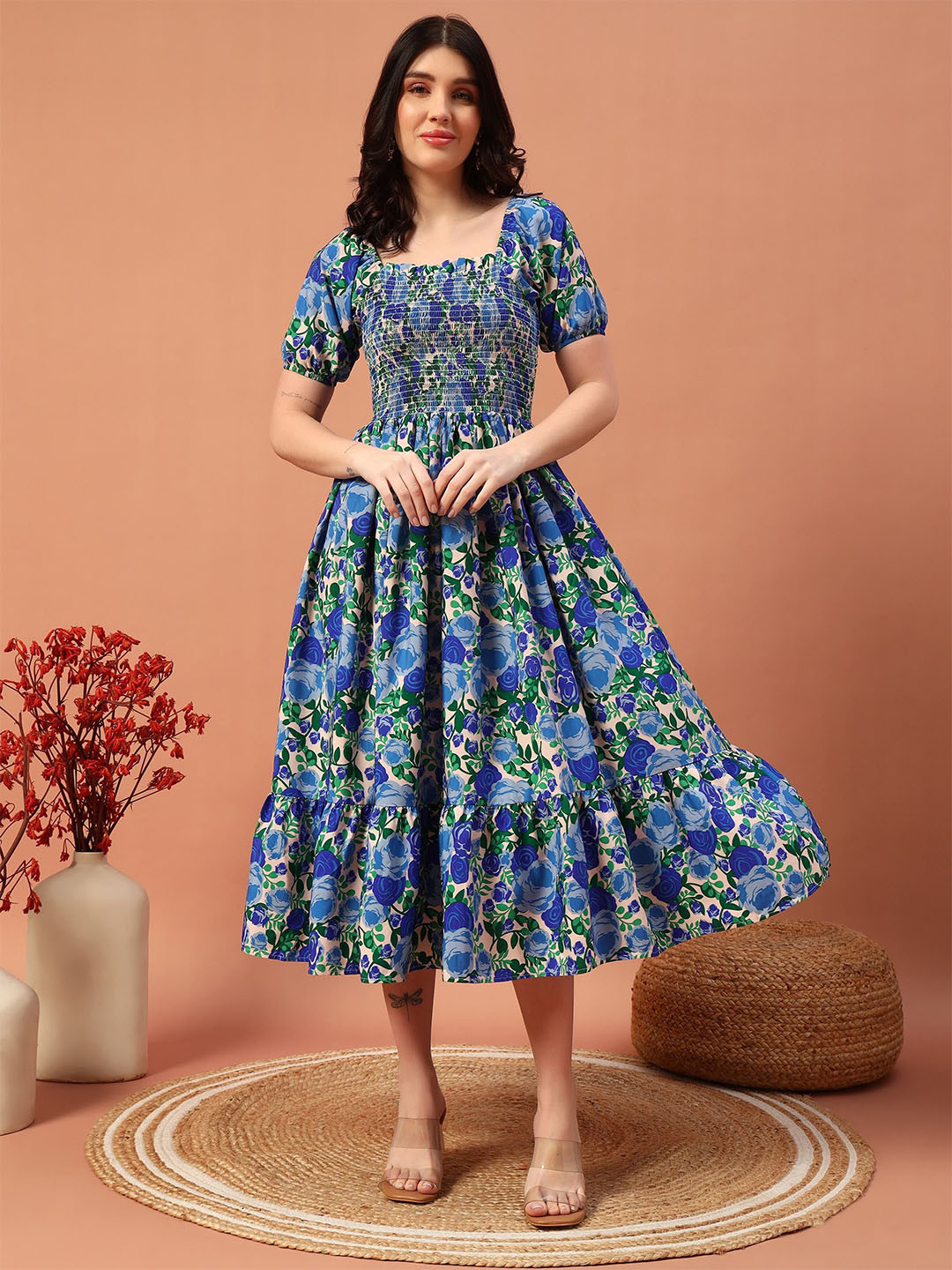 OTABU Women Floral Print Fit & Flare Smoked Midi Dress