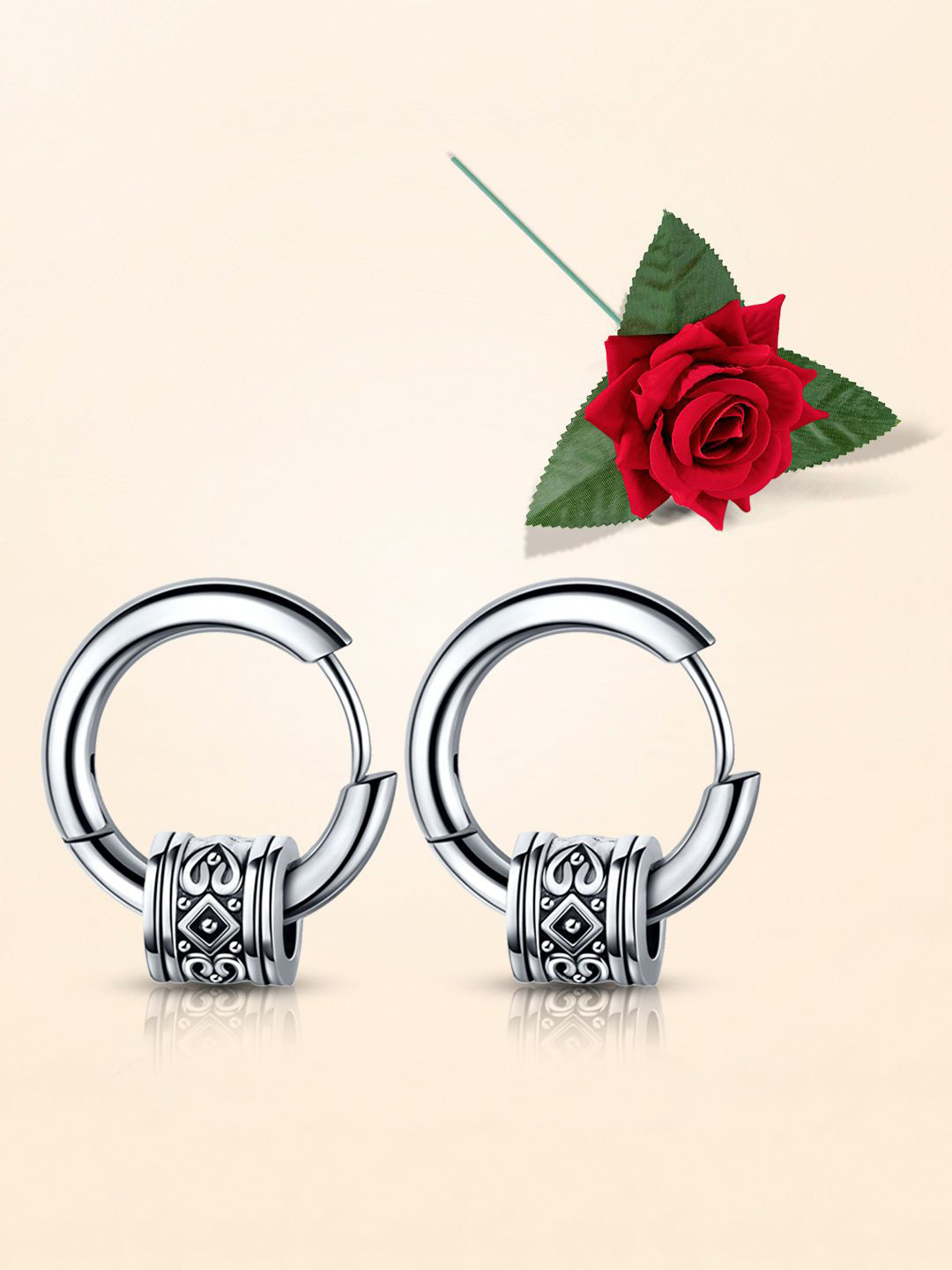 Peora Men Silver-Plated Circular Shaped Oxidised Huggie Hoop Earrings With Red Rose Box