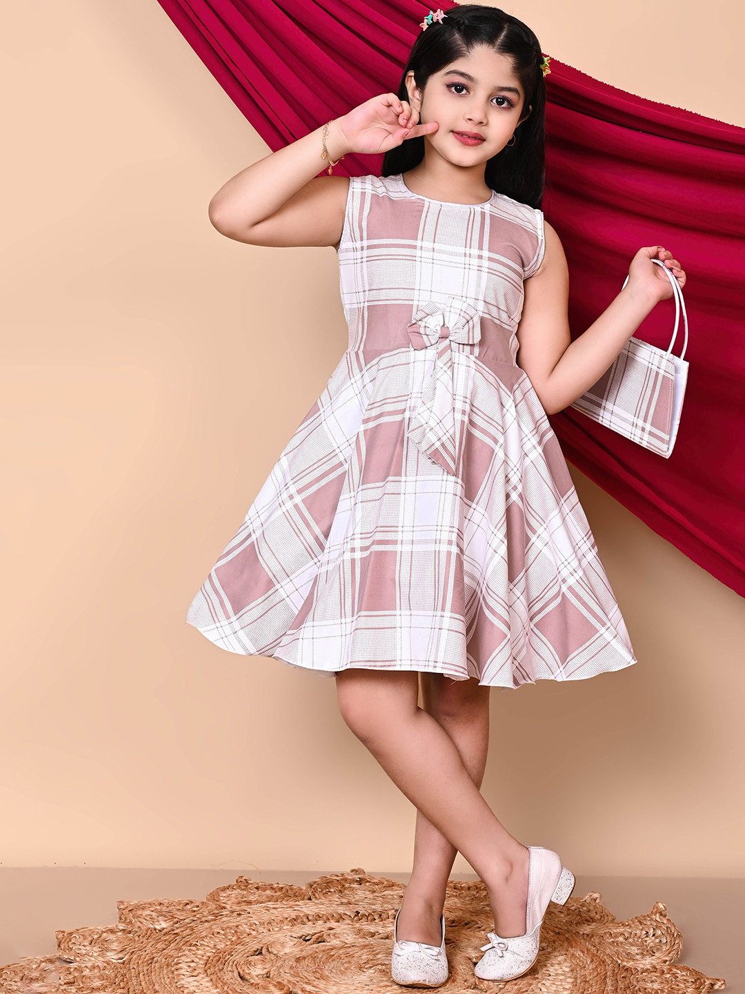 BARKAT DESIGNING PLANET Girls Check Printed Knee Length Fit & Flare Dress With Bag