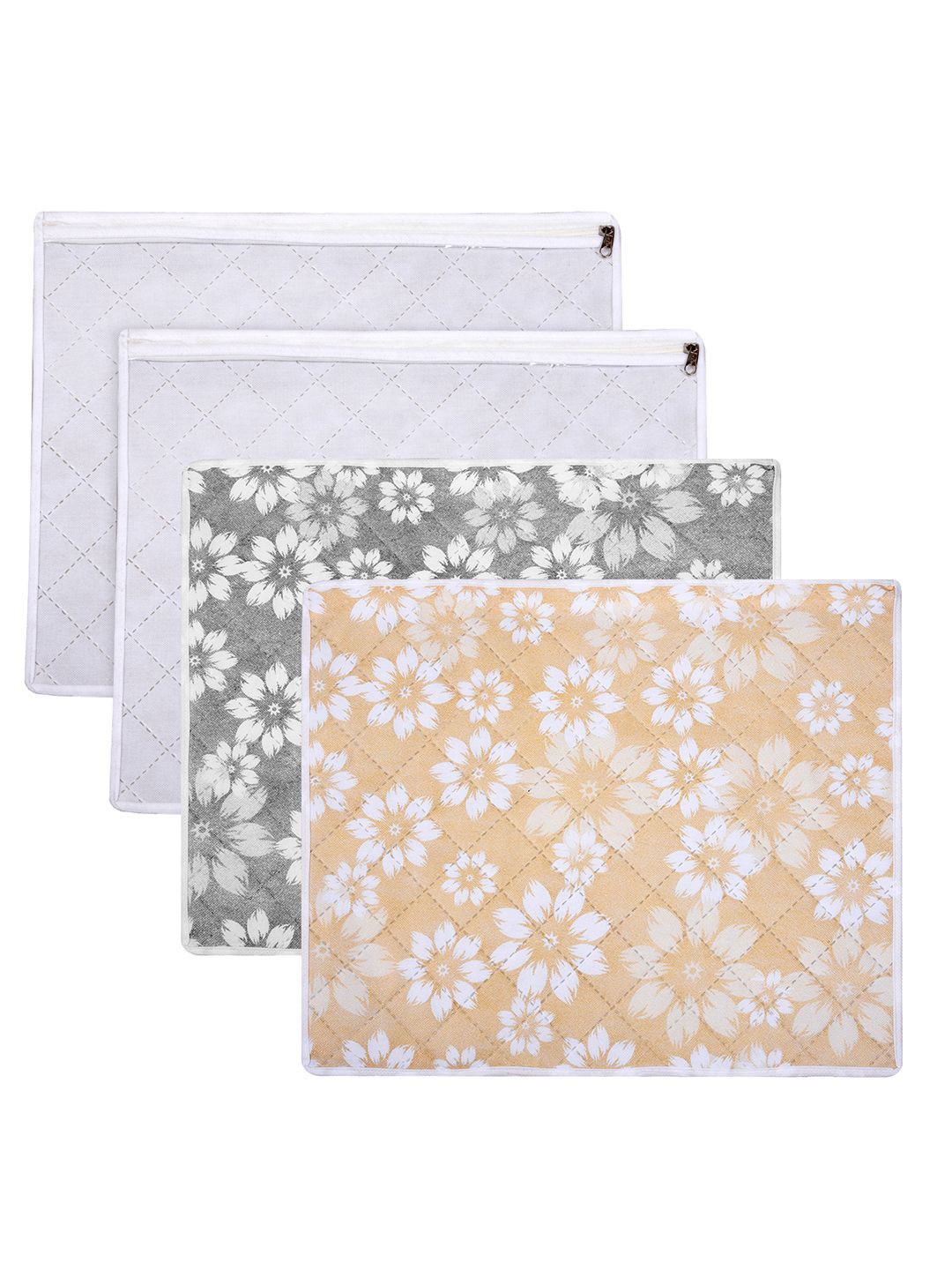 Kuber Industries White Pack of 4 Flower Quilted Printed With Top Visible Window Organisers