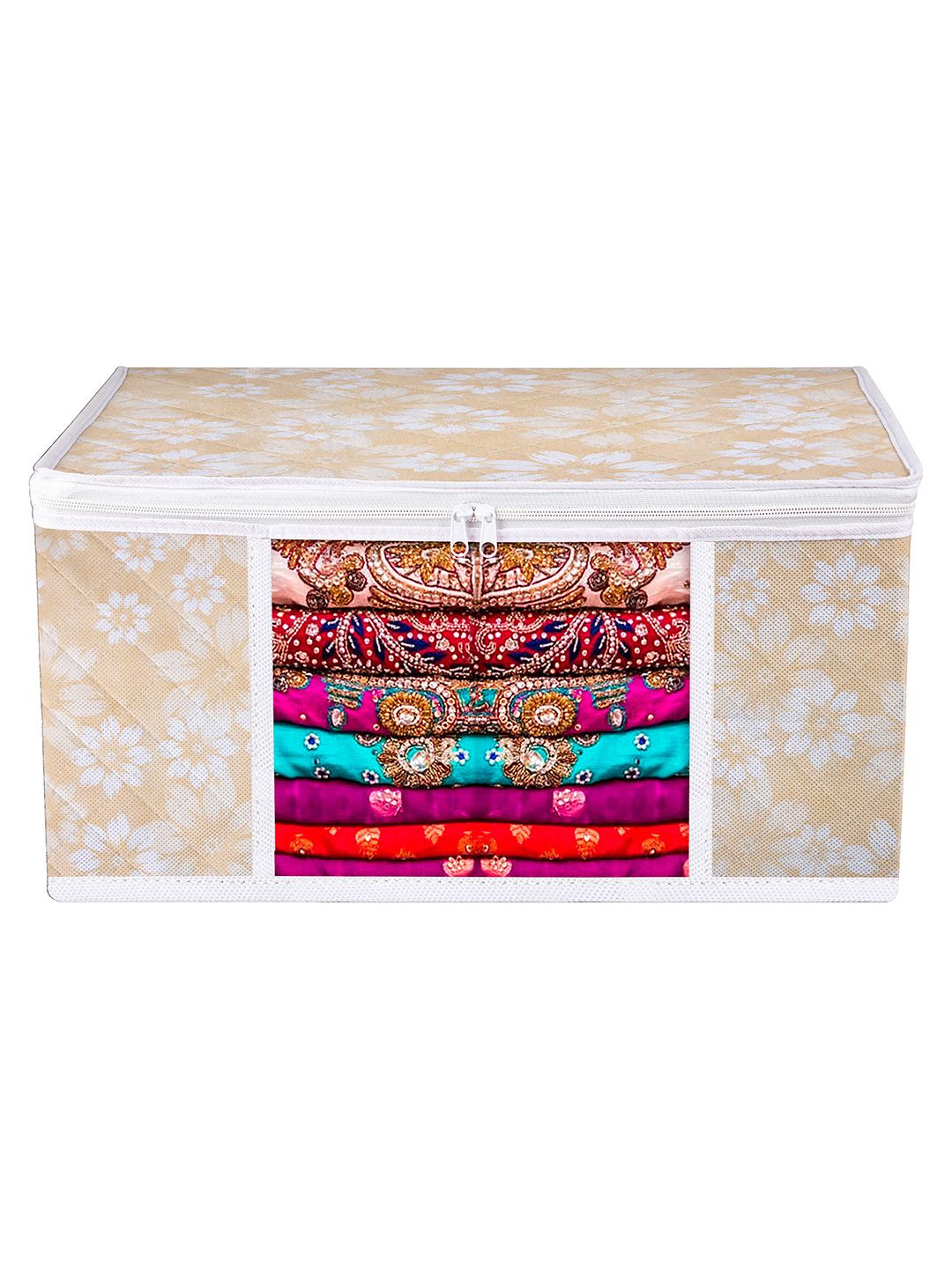 Kuber Industries Gold-Toned Flower Quilted Printed With Visible Window Organiser