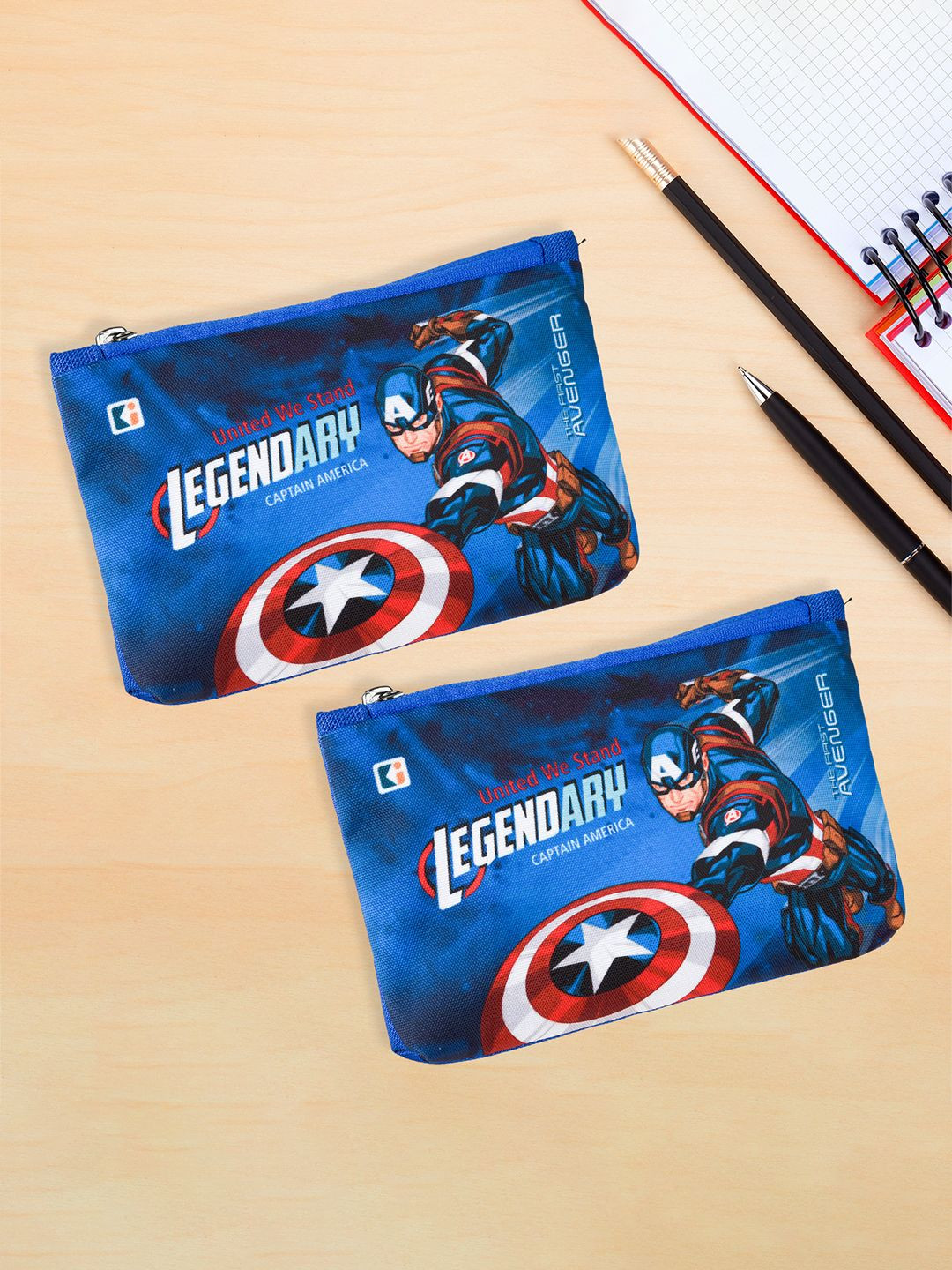 Kuber Industries Royal Blue & Red Pack of 2 Marvel Captain Zipper Pencil Pouch for Kids
