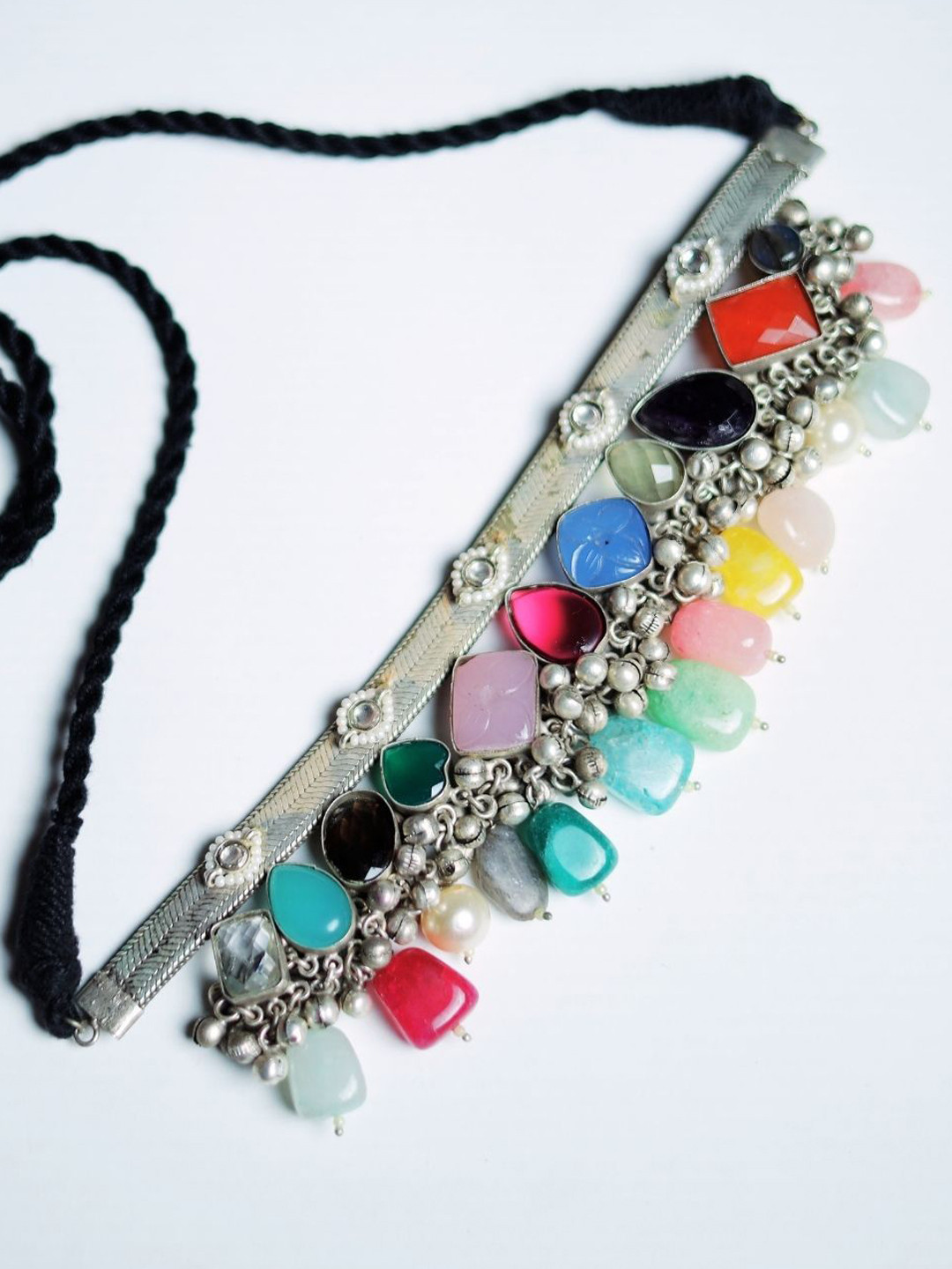 ADC SHEMONA German Silver-Plated Stone Studded & Beaded Choker Necklace