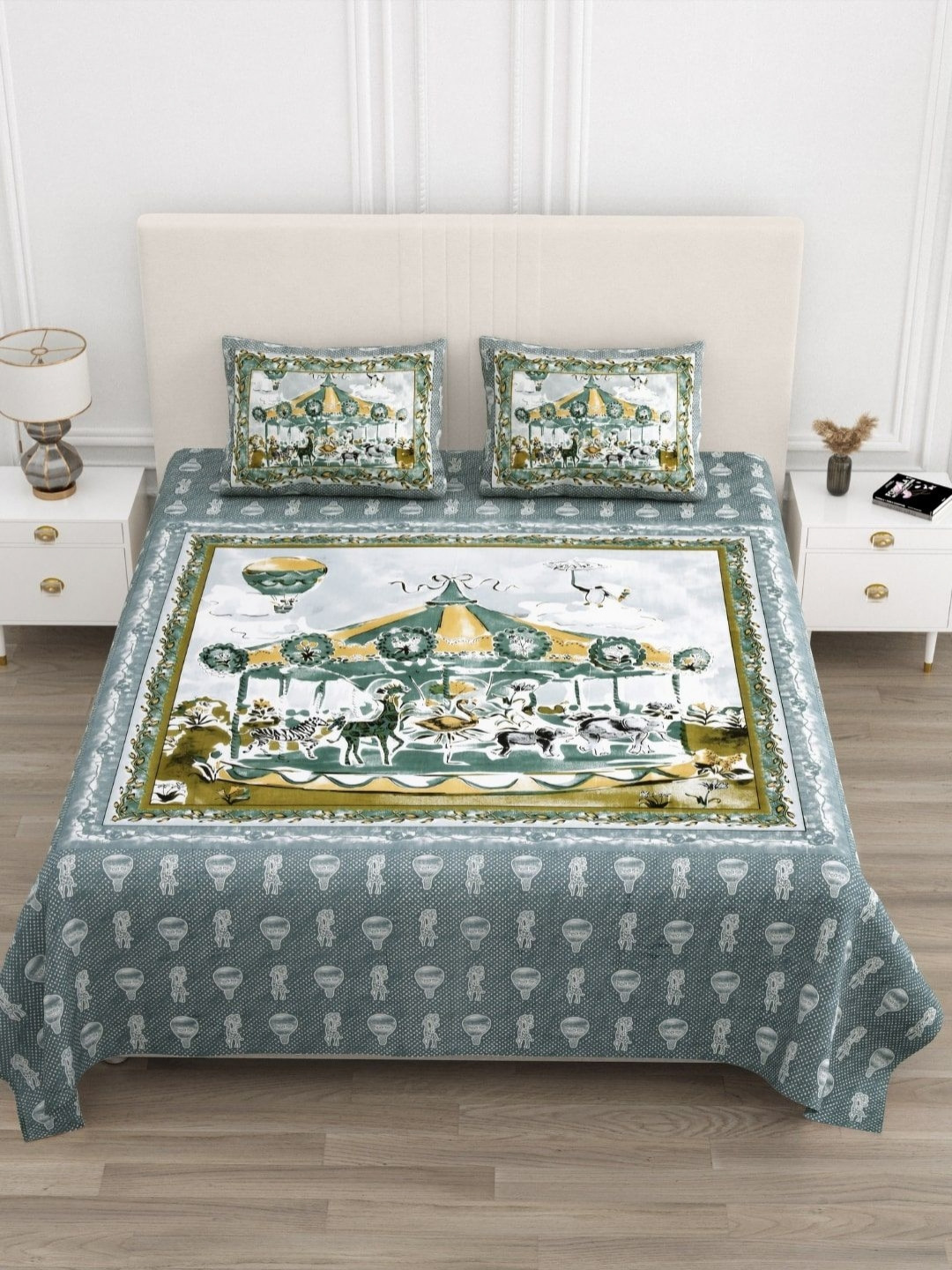 JAIPUR FABRIC Grey Graphic Pure Cotton 210 TC King Superfine Bedsheet with 2 Pillow Covers-108 x 100 inches