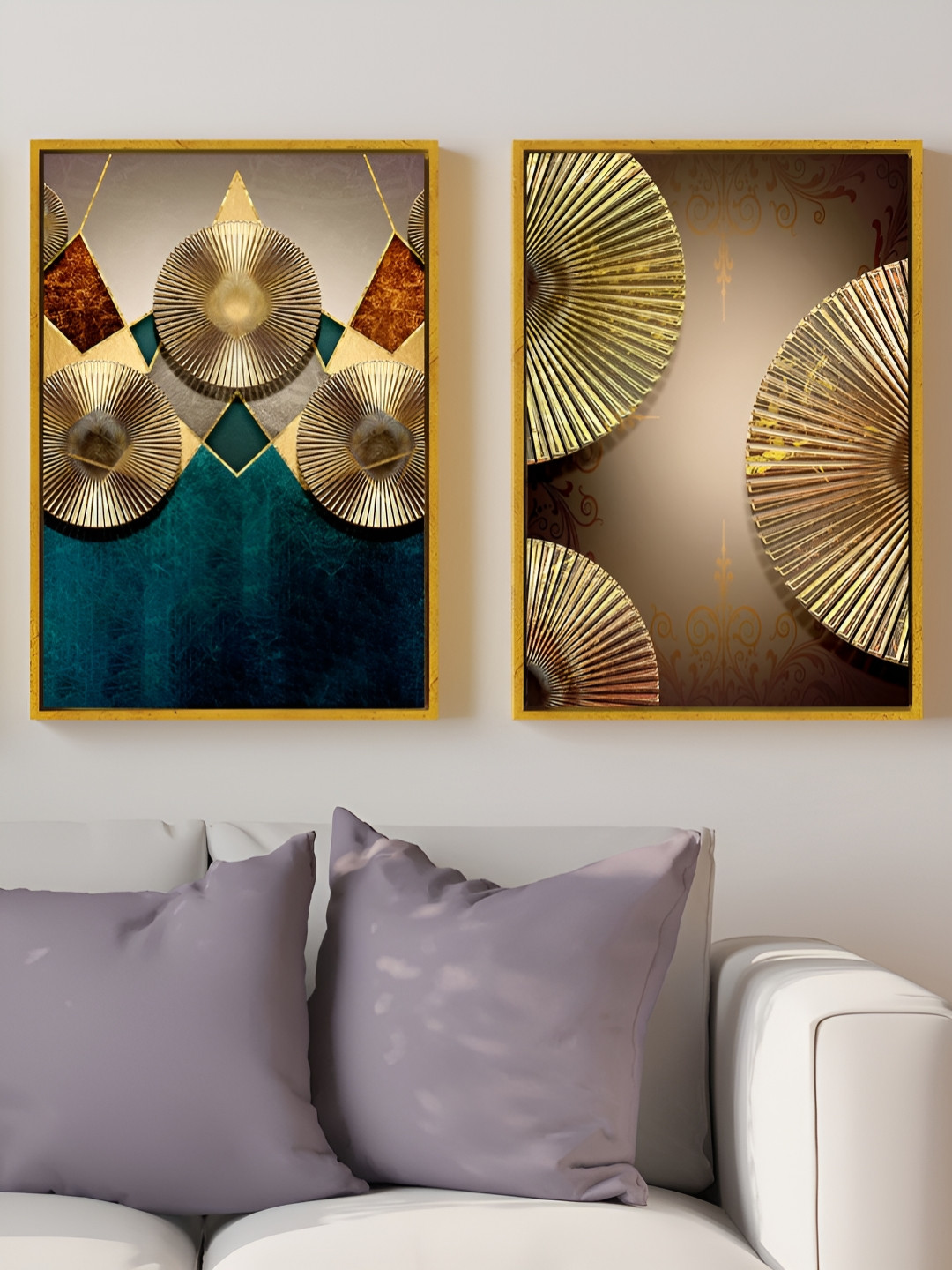 Myntra Elegant Homes Gold-Toned 2 Pcs Nordic Geometric Industrial Abstract Canvas Wall Art