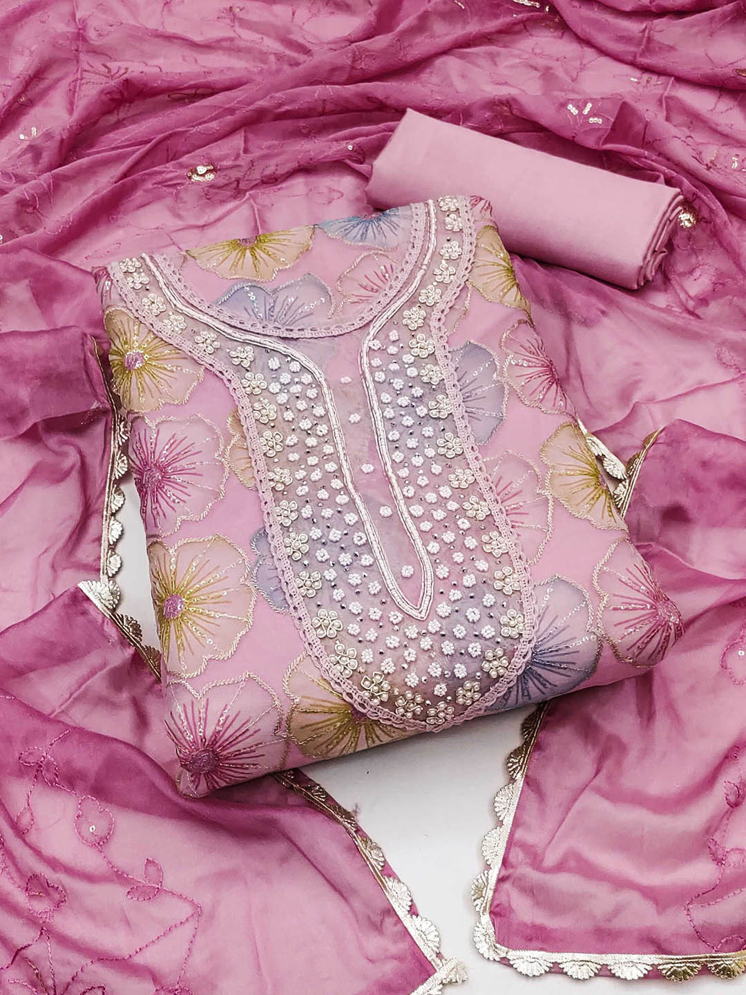 SAINOOR Floral Embroidered Beads and Stones Organza Unstitched Dress Material