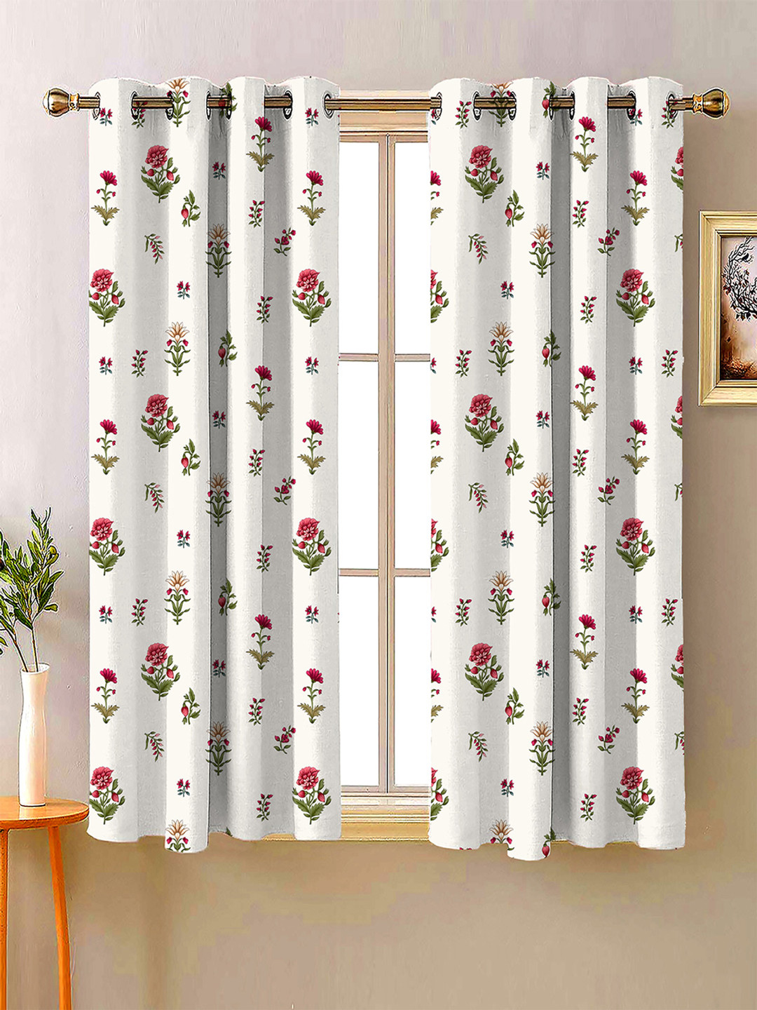 Steve & Anderson Bharat Motifs Pink & White 2 Pieces Floral Window Curtain (5 Feet)